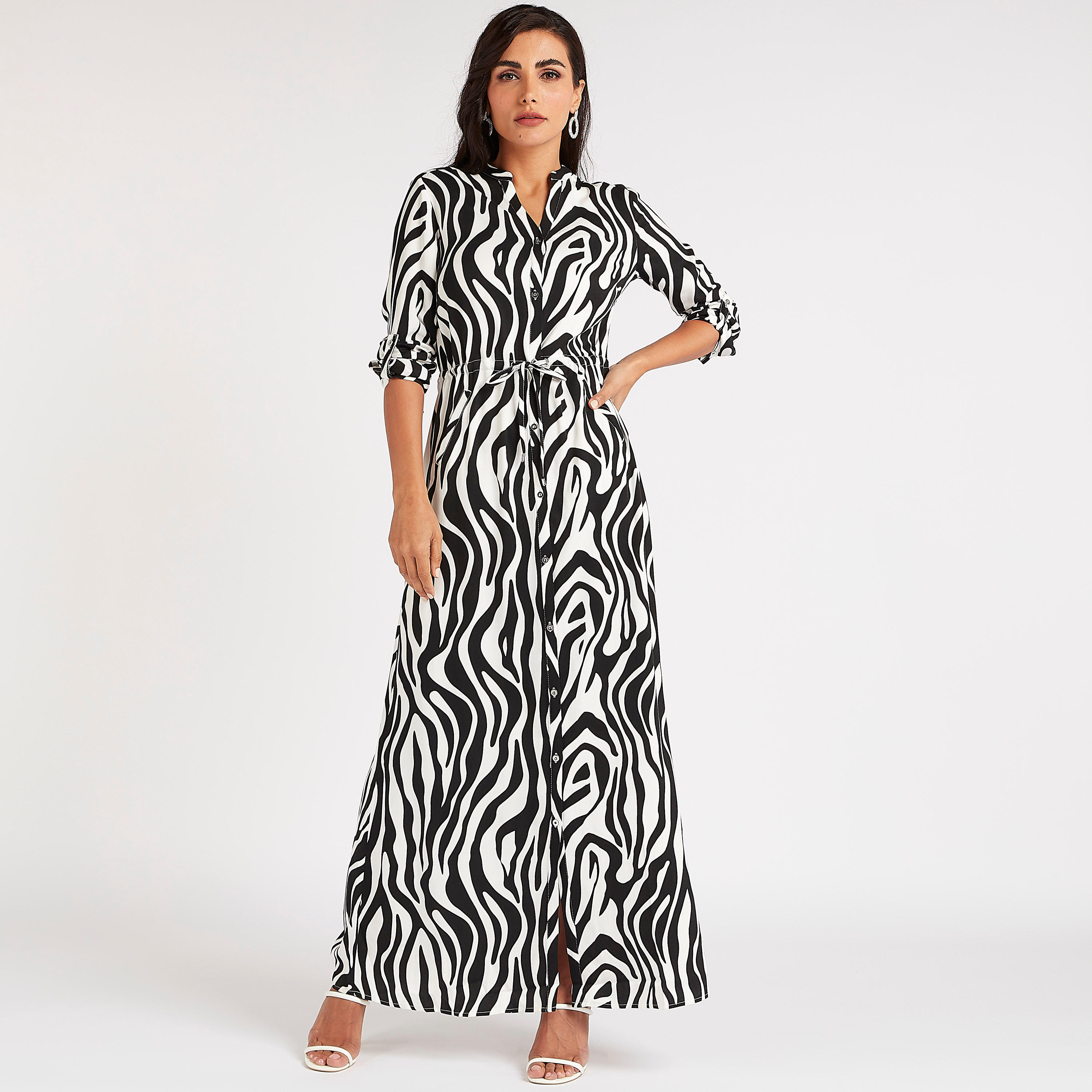 Iconic Printed Maxi A-line Dress with Drawstring Closure-women-clothing-dresses-image-3