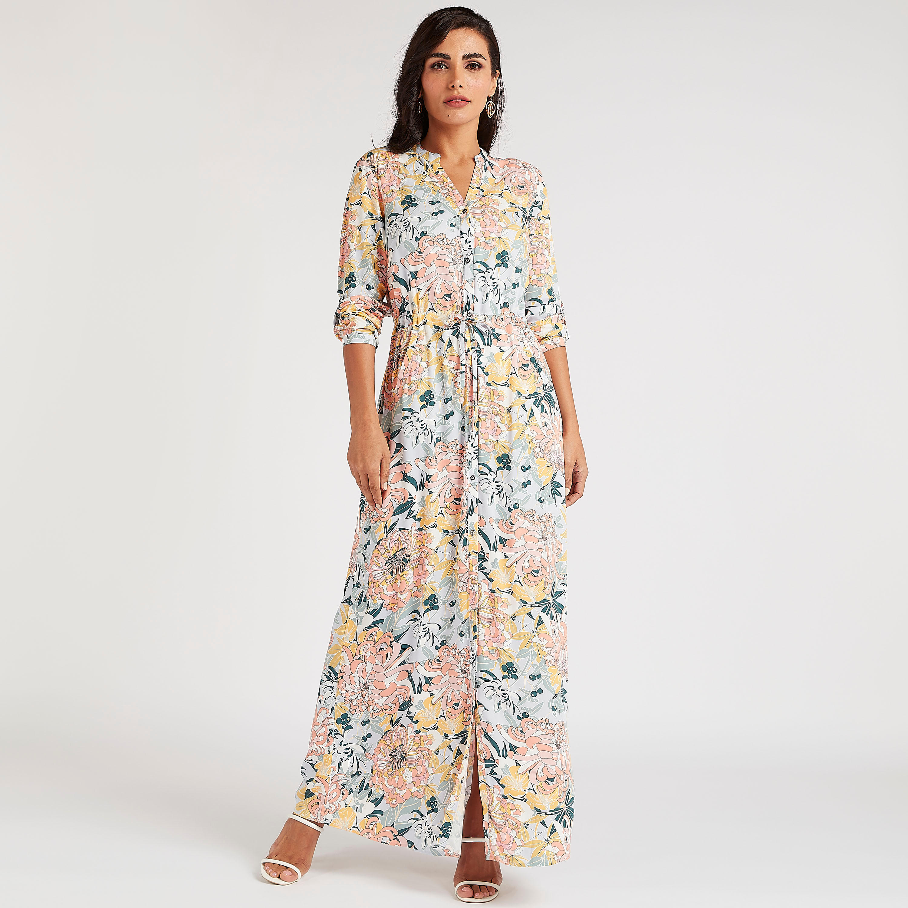 فستان قميص طويل بياقة ماندارين وطبعات أزهار من آيكونيك-women-clothing-dresses-image-1