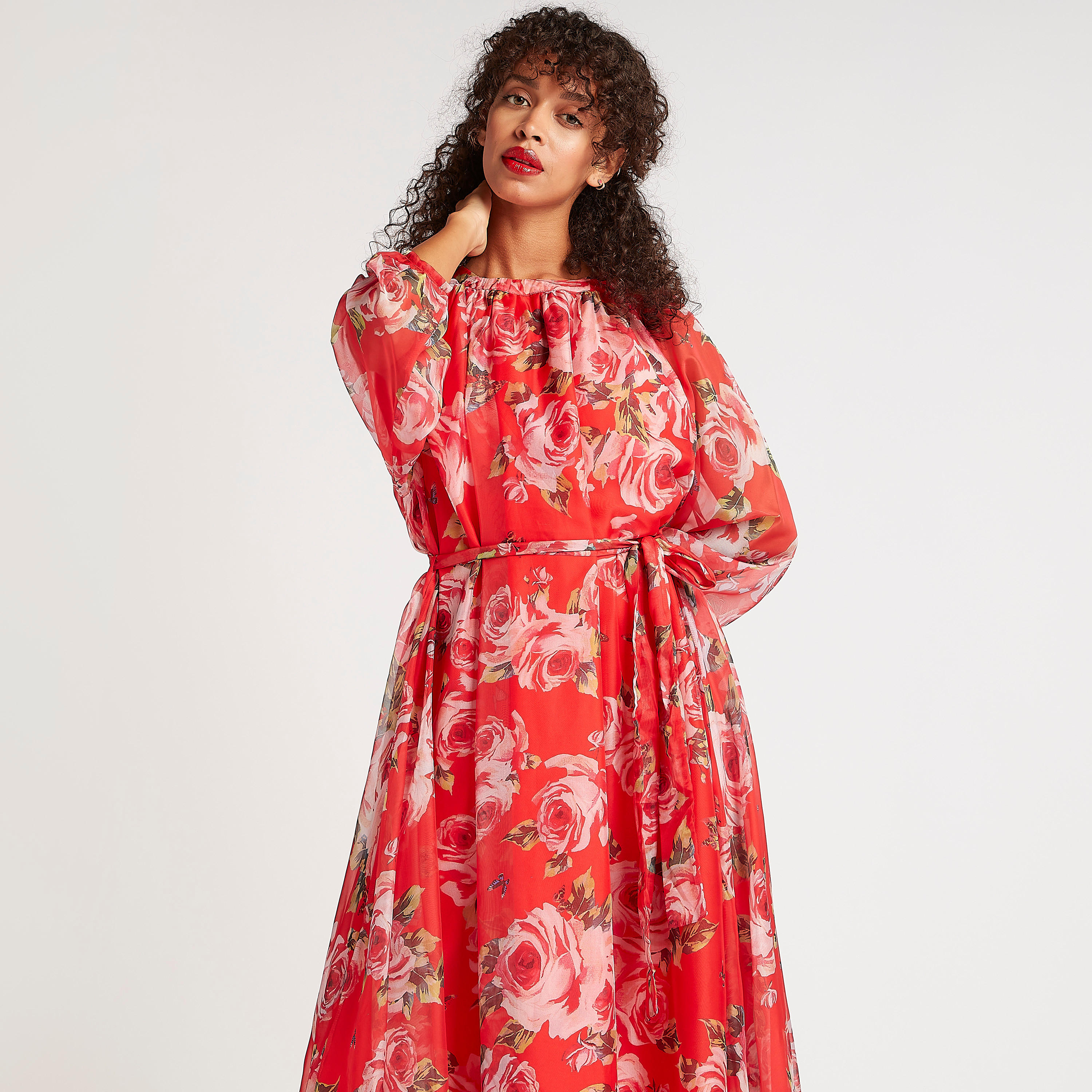 فستان طويل إيه لاين بطبعات أزهار وحزام رباط من آيكونيك-women-clothing-dresses-image-2