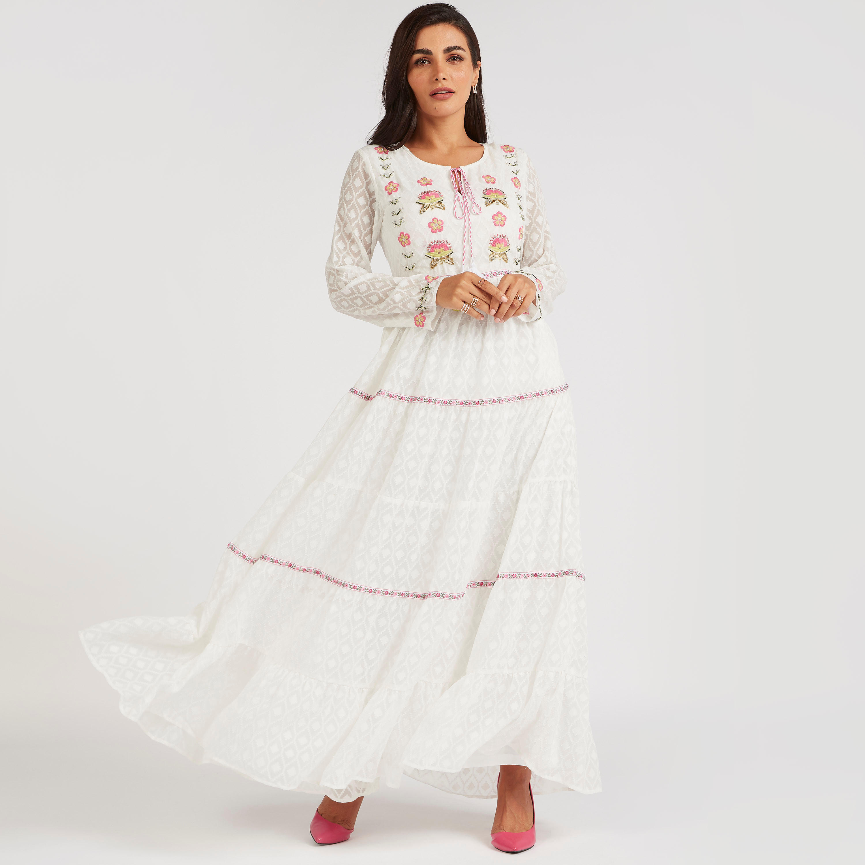 فستان مستدام إيه لاين طويل مطرّز بأربطة عنق من آيكونيك-women-clothing-dresses-image-2