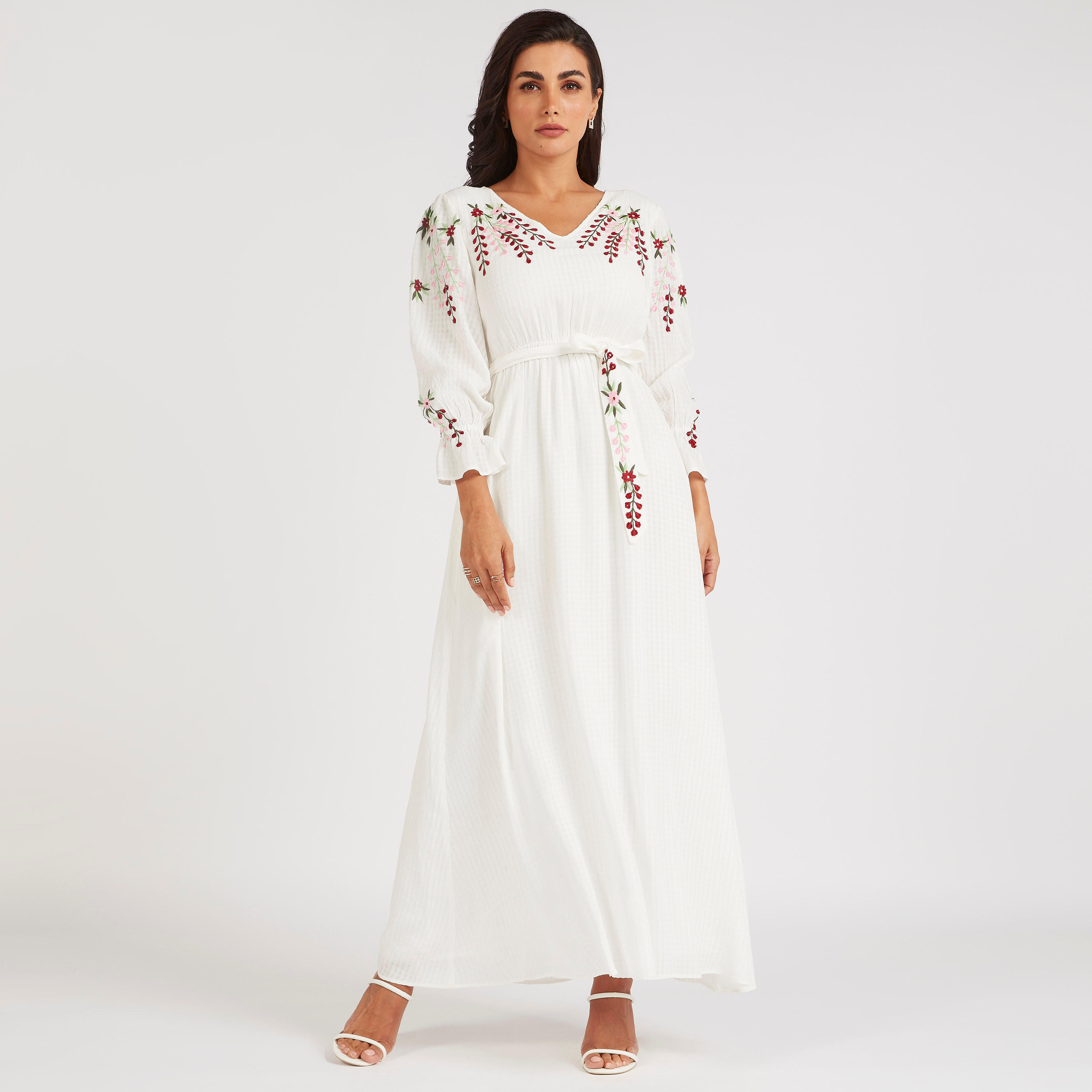 فستان طويل مطرّز إيه لاين بياقة V وحزام-women-clothing-dresses-image-2