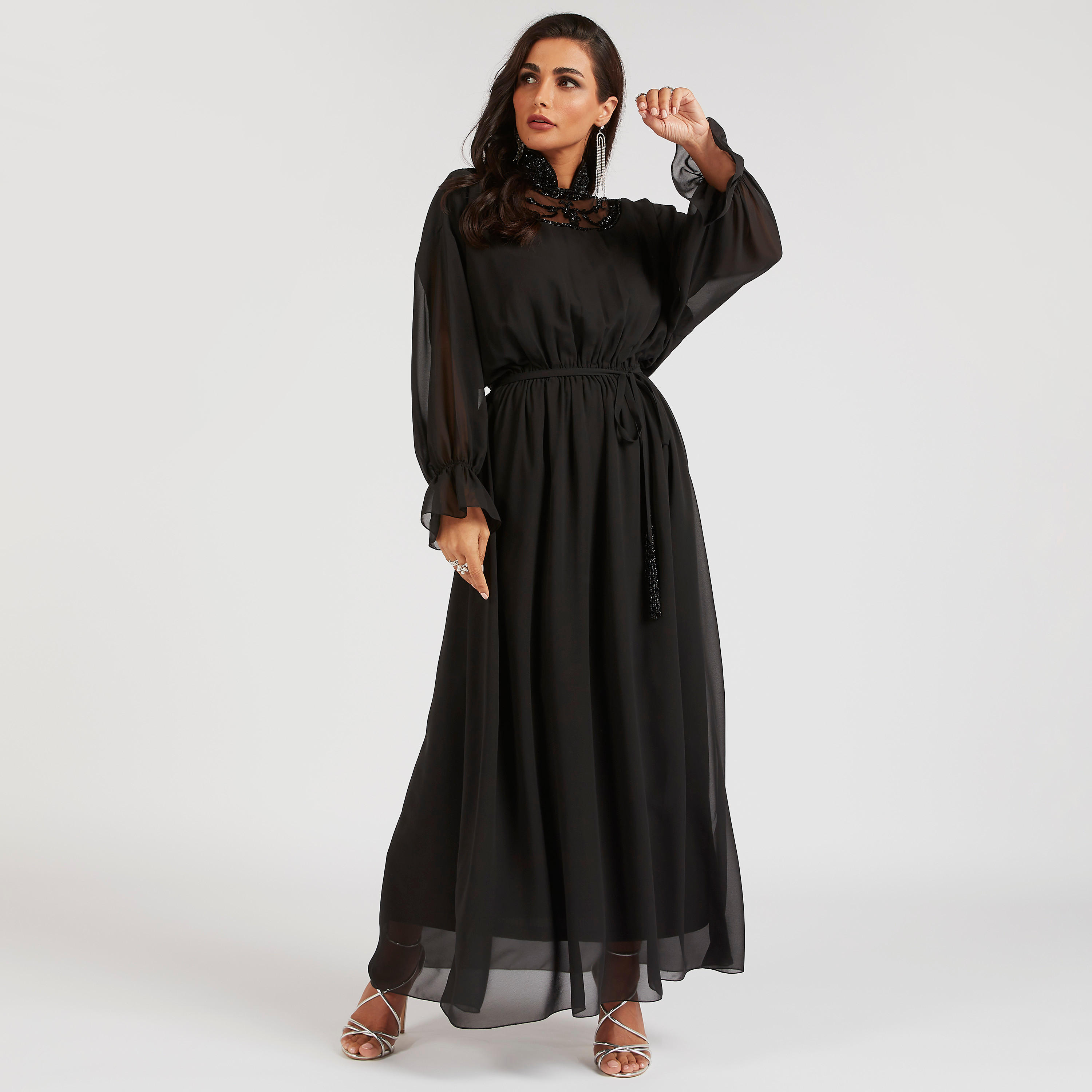 فستان طويل إيه لاين مزين بأكمام طويلة وأربطة من آيكونيك-women-clothing-dresses-image-1