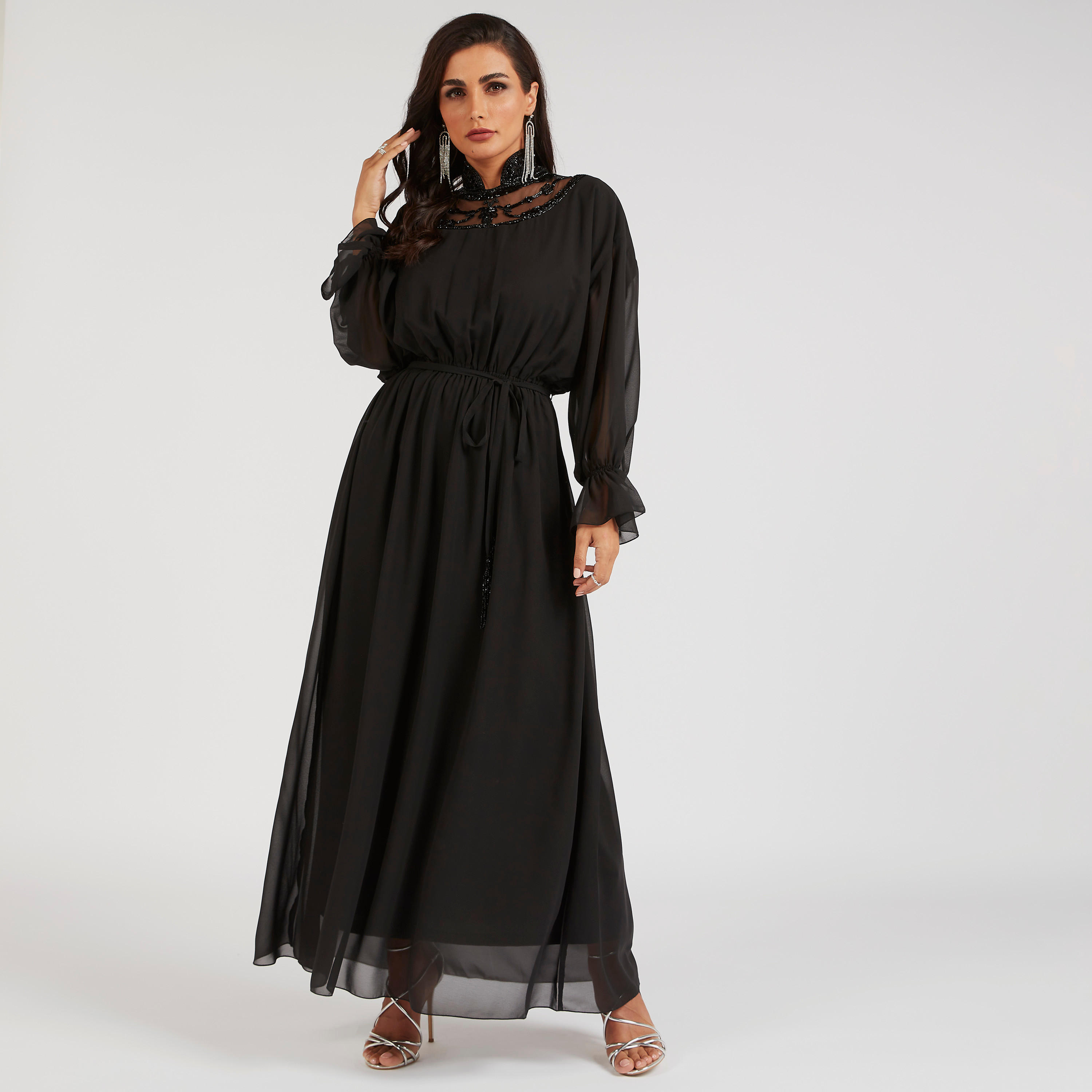فستان طويل إيه لاين مزين بأكمام طويلة وأربطة من آيكونيك-women-clothing-dresses-image-2