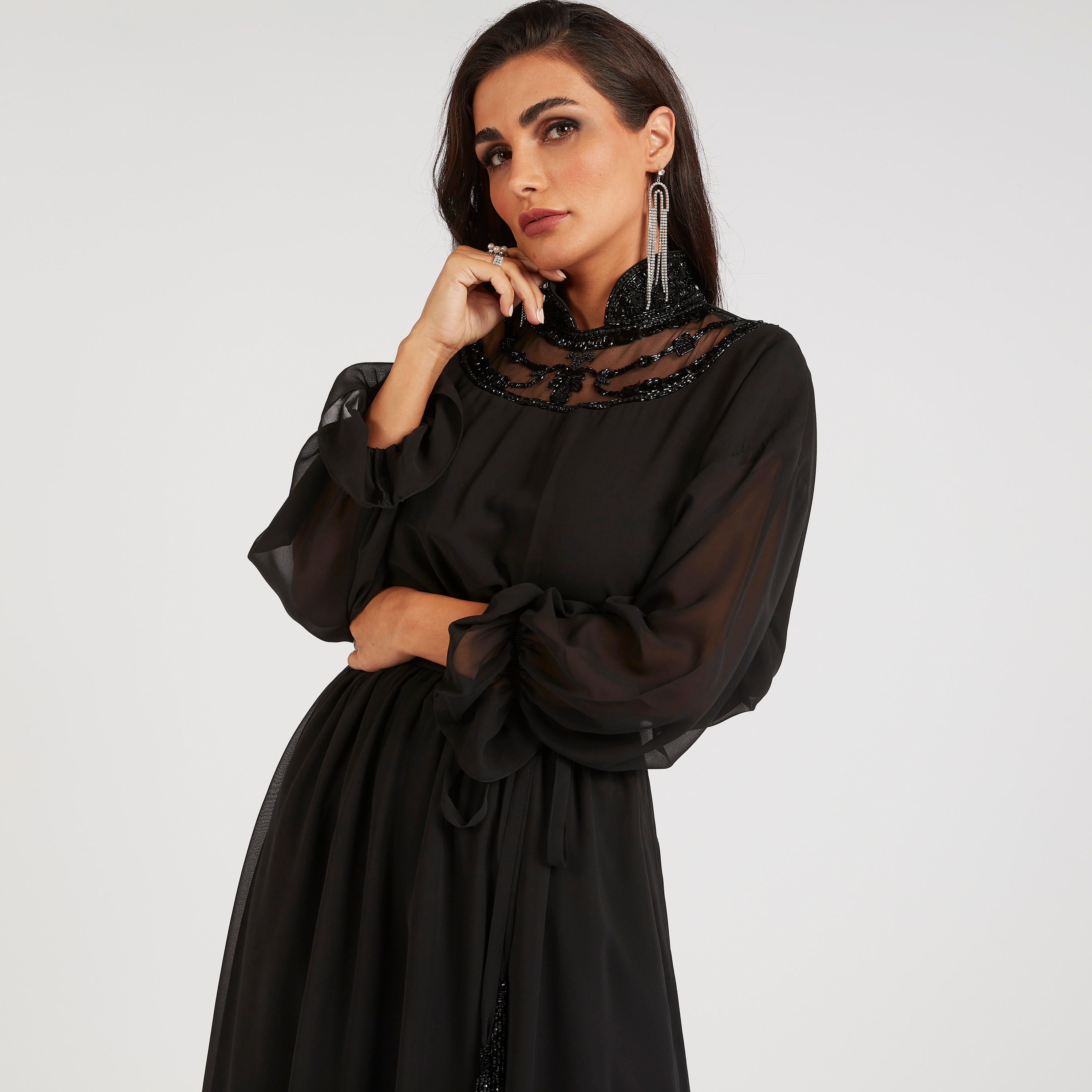 فستان طويل إيه لاين مزين بأكمام طويلة وأربطة من آيكونيك-women-clothing-dresses-image-5