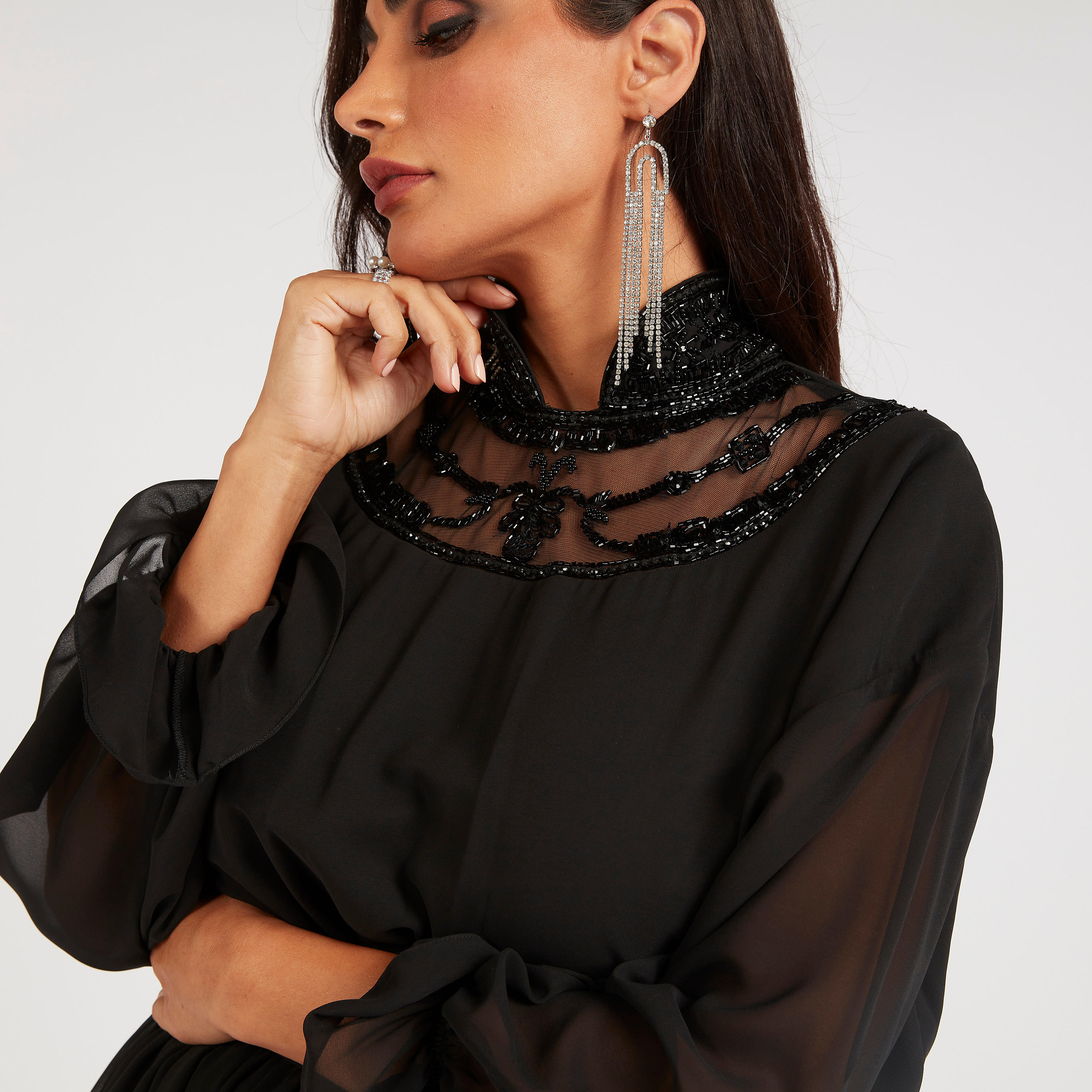 فستان طويل إيه لاين مزين بأكمام طويلة وأربطة من آيكونيك-women-clothing-dresses-image-6
