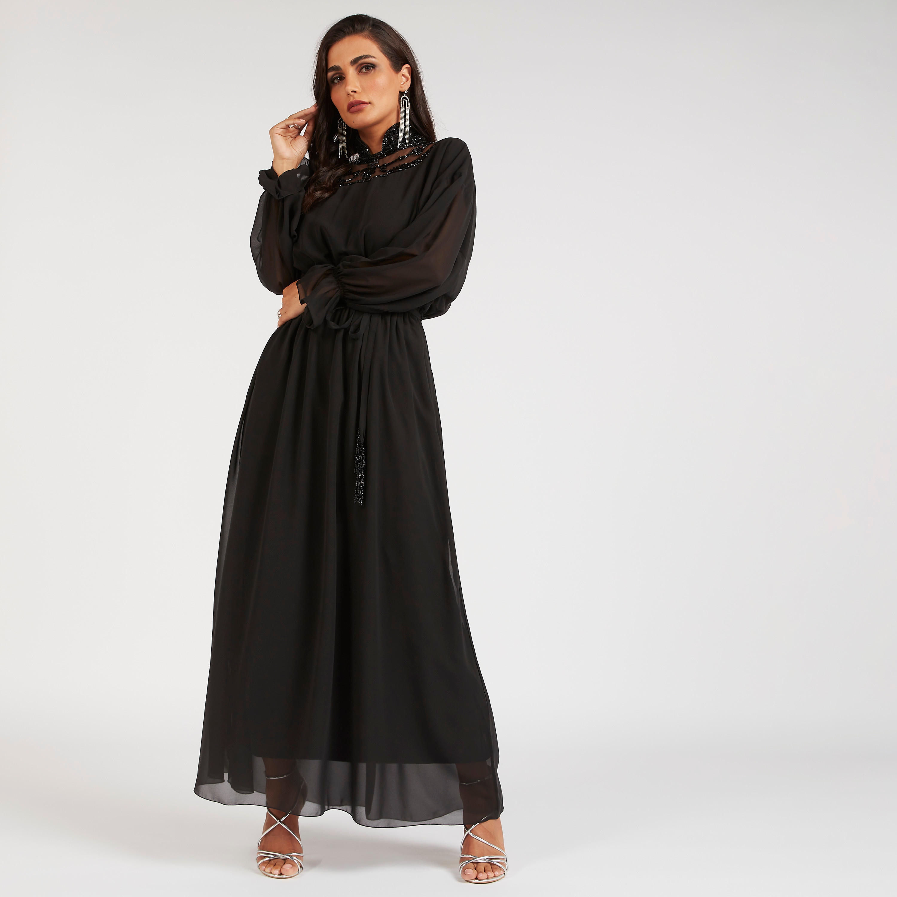 فستان طويل إيه لاين مزين بأكمام طويلة وأربطة من آيكونيك-women-clothing-dresses-image-9