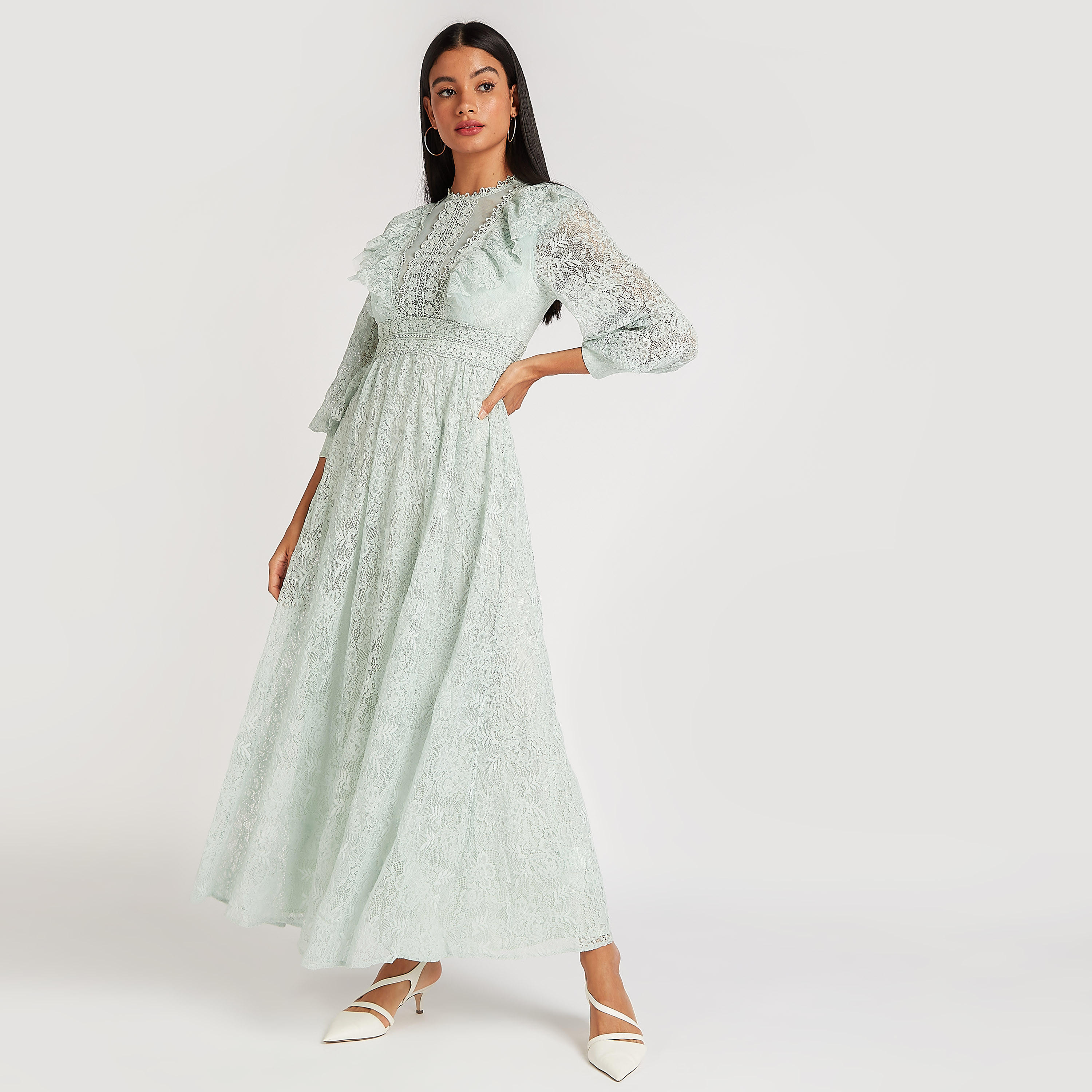 فستان إيه لاين طويل بتفاصيل دانتيل وكشكشة من آيكونيك-women-clothing-dresses-image-1