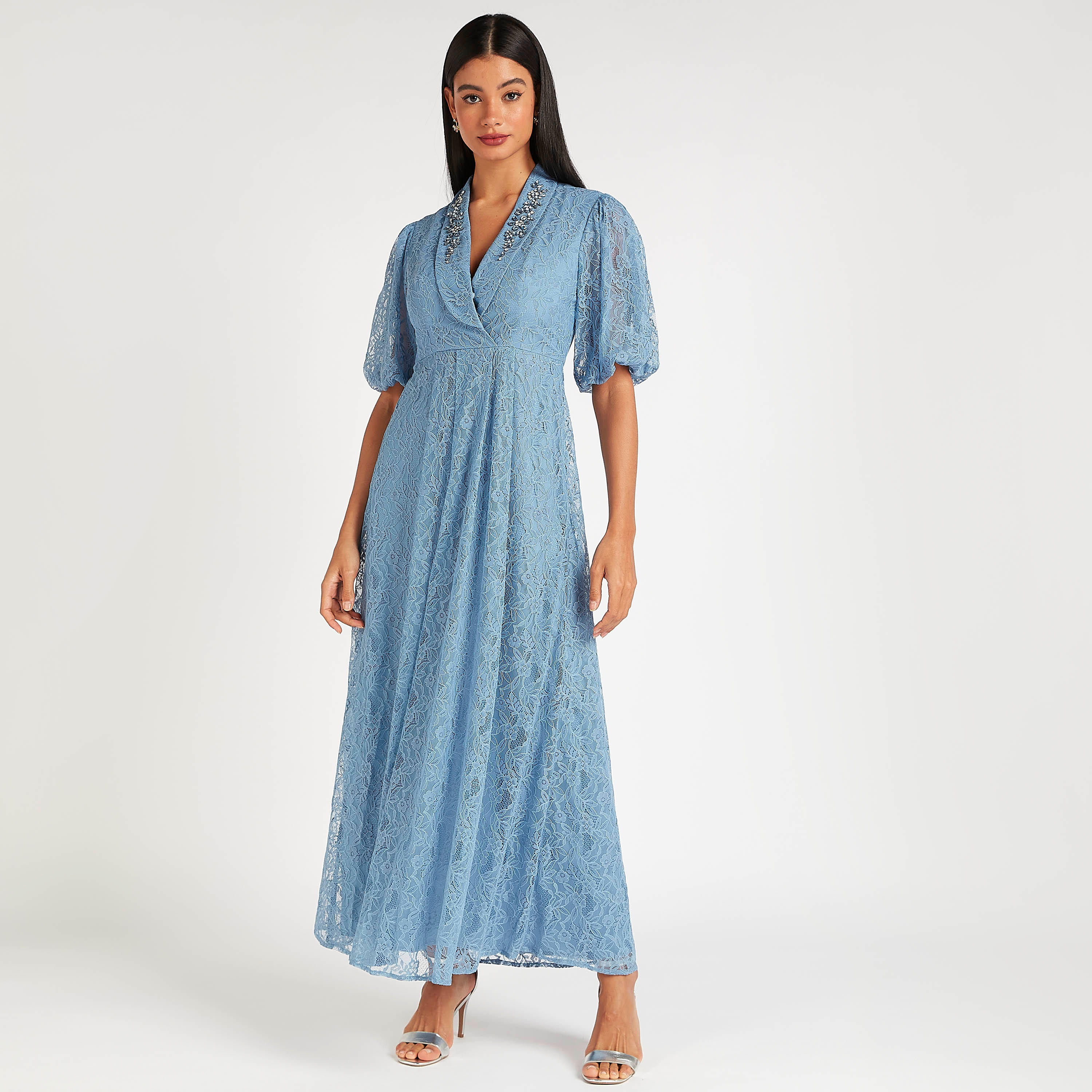 Iconic Embellished Lace Maxi A-line Dress with Puff Sleeves-women-clothing-dresses-image-1