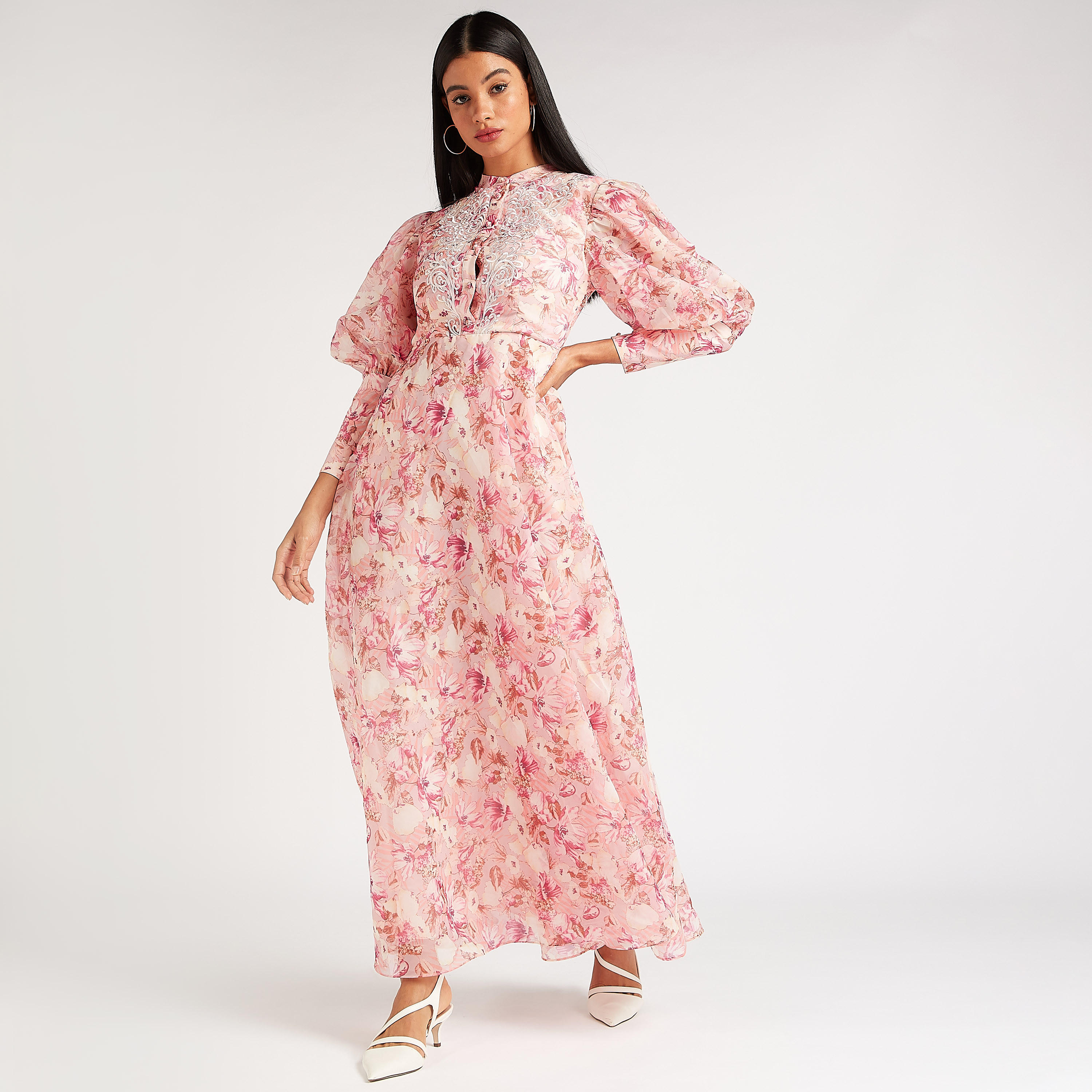 فستان إيه لاين طويل بياقة عالية وأكمام بيشوب وطبعات أزهار من آيكونيك-women-clothing-dresses-image-2