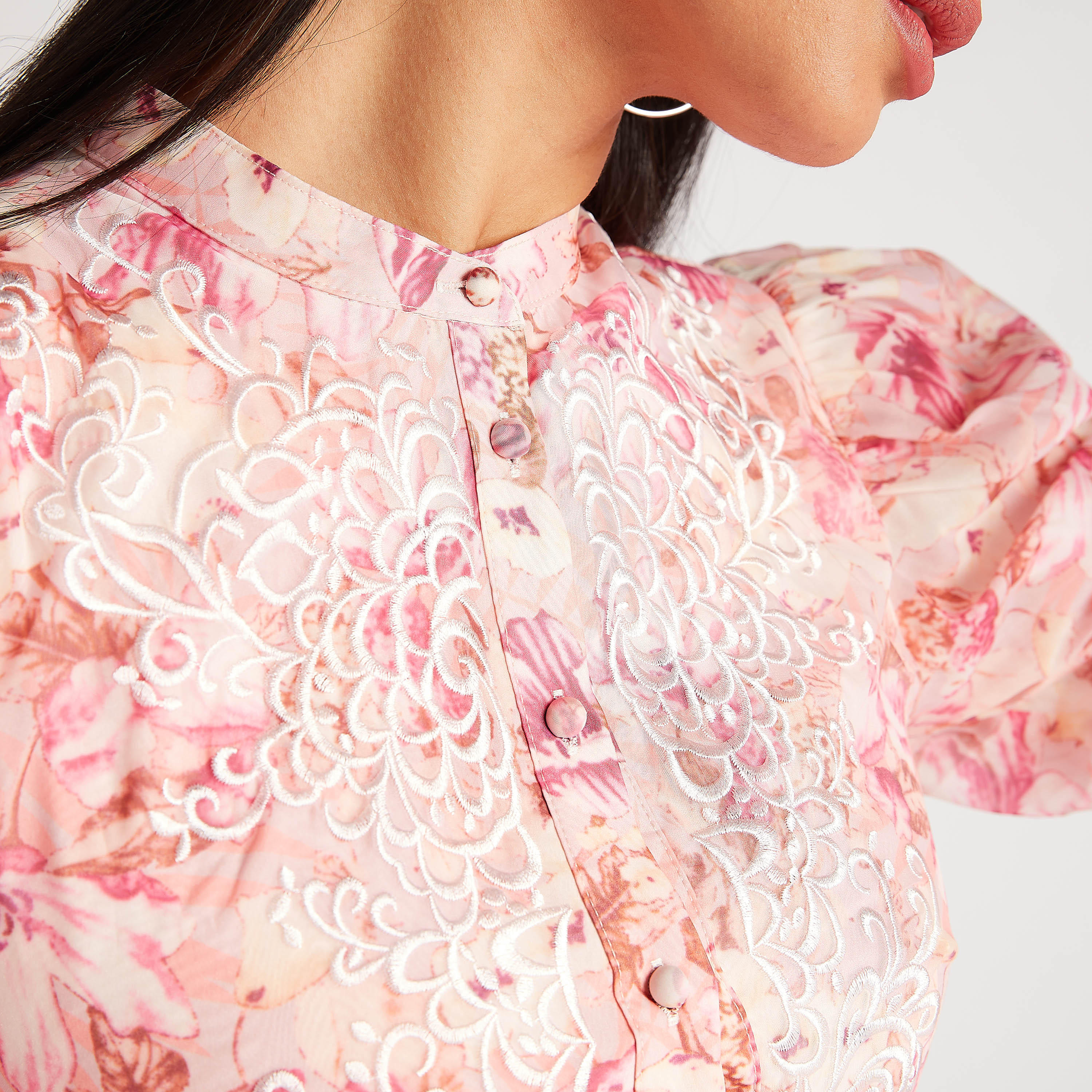 فستان إيه لاين طويل بياقة عالية وأكمام بيشوب وطبعات أزهار من آيكونيك-women-clothing-dresses-image-3