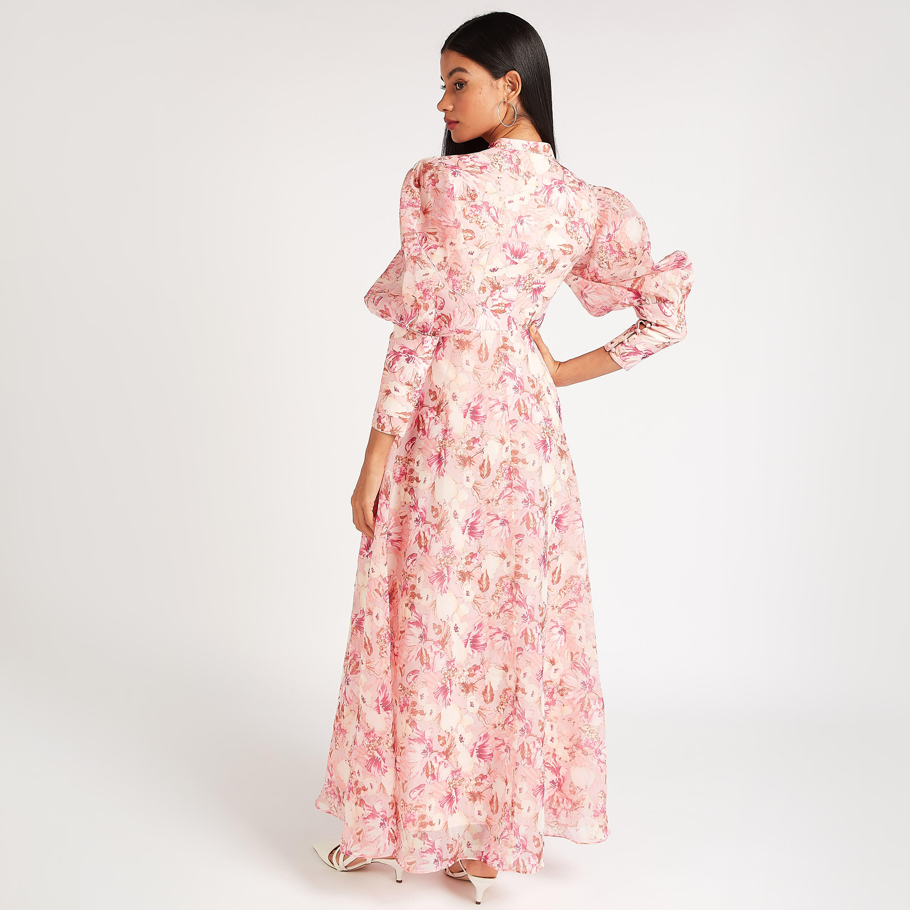 فستان إيه لاين طويل بياقة عالية وأكمام بيشوب وطبعات أزهار من آيكونيك-women-clothing-dresses-image-4