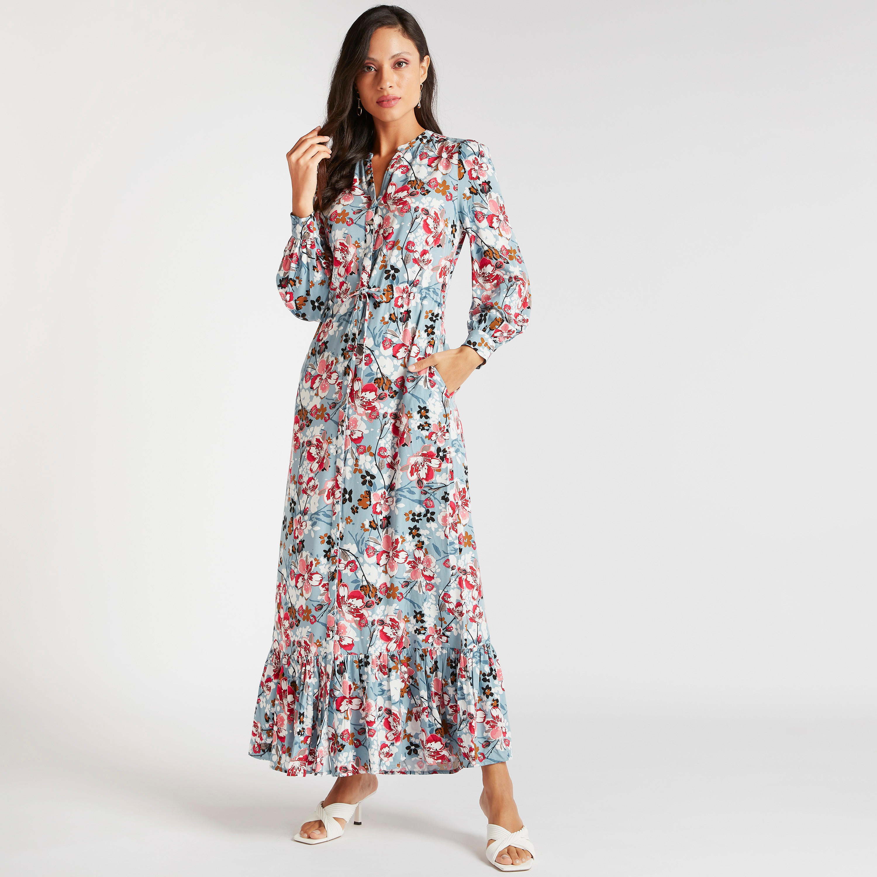 فستان إيه لاين طويل بطبعات أزهار وأربطة خصر وأكمام طويلة-women-clothing-dresses-image-1