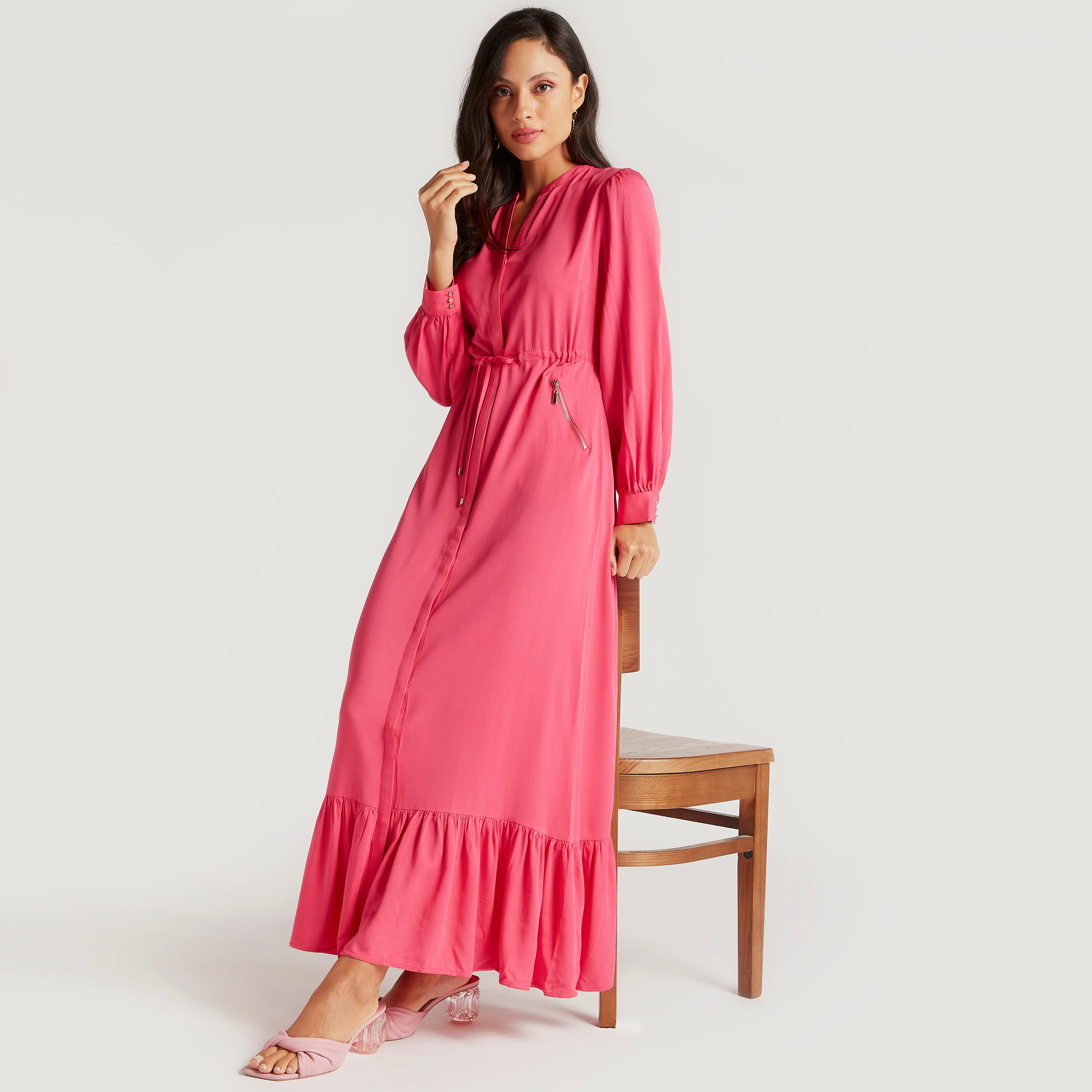 فستان طويل إيه لاين سادة بياقة ماندارين وأكمام طويلة من آيكونيك-women-clothing-dresses-image-1