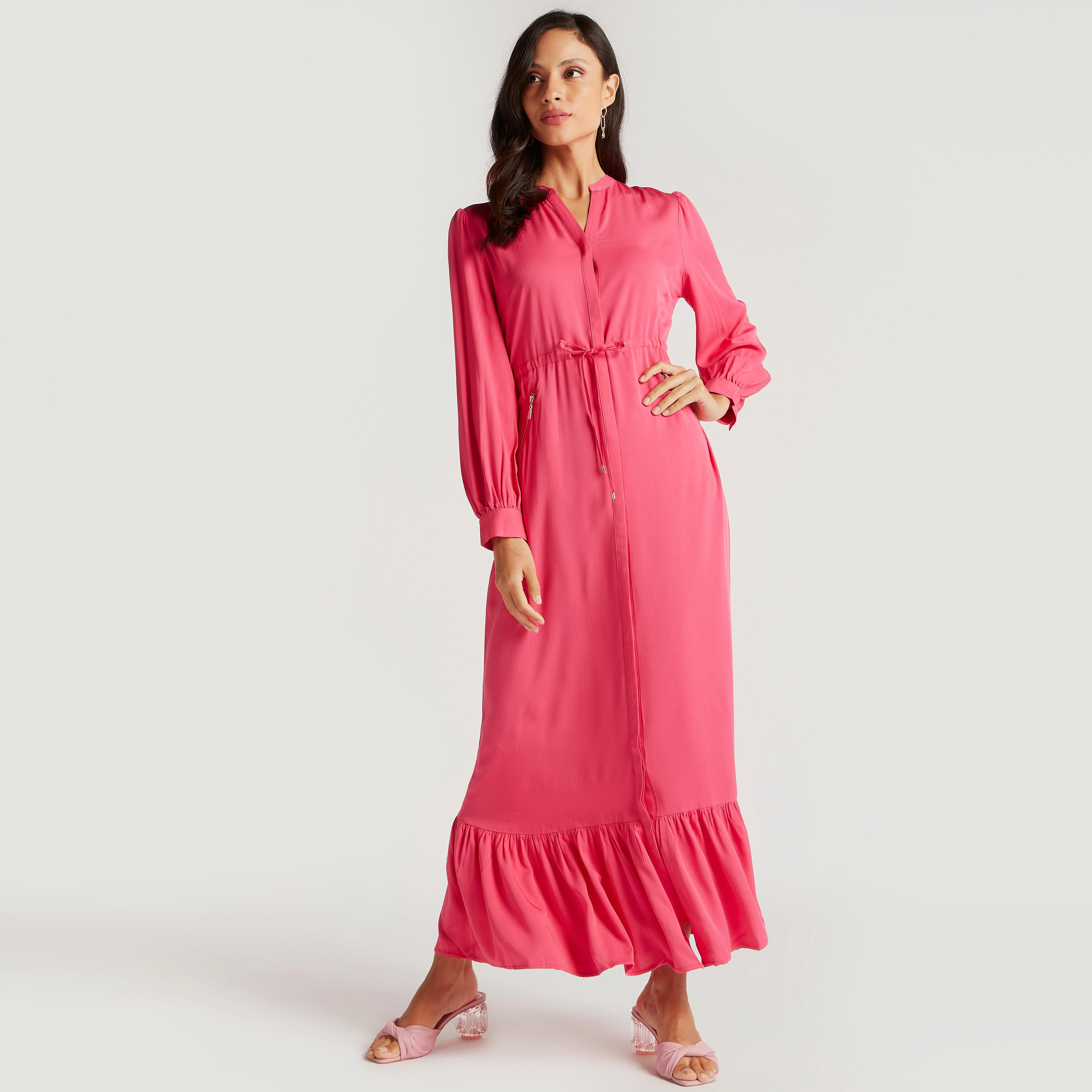 فستان طويل إيه لاين سادة بياقة ماندارين وأكمام طويلة من آيكونيك-women-clothing-dresses-image-2