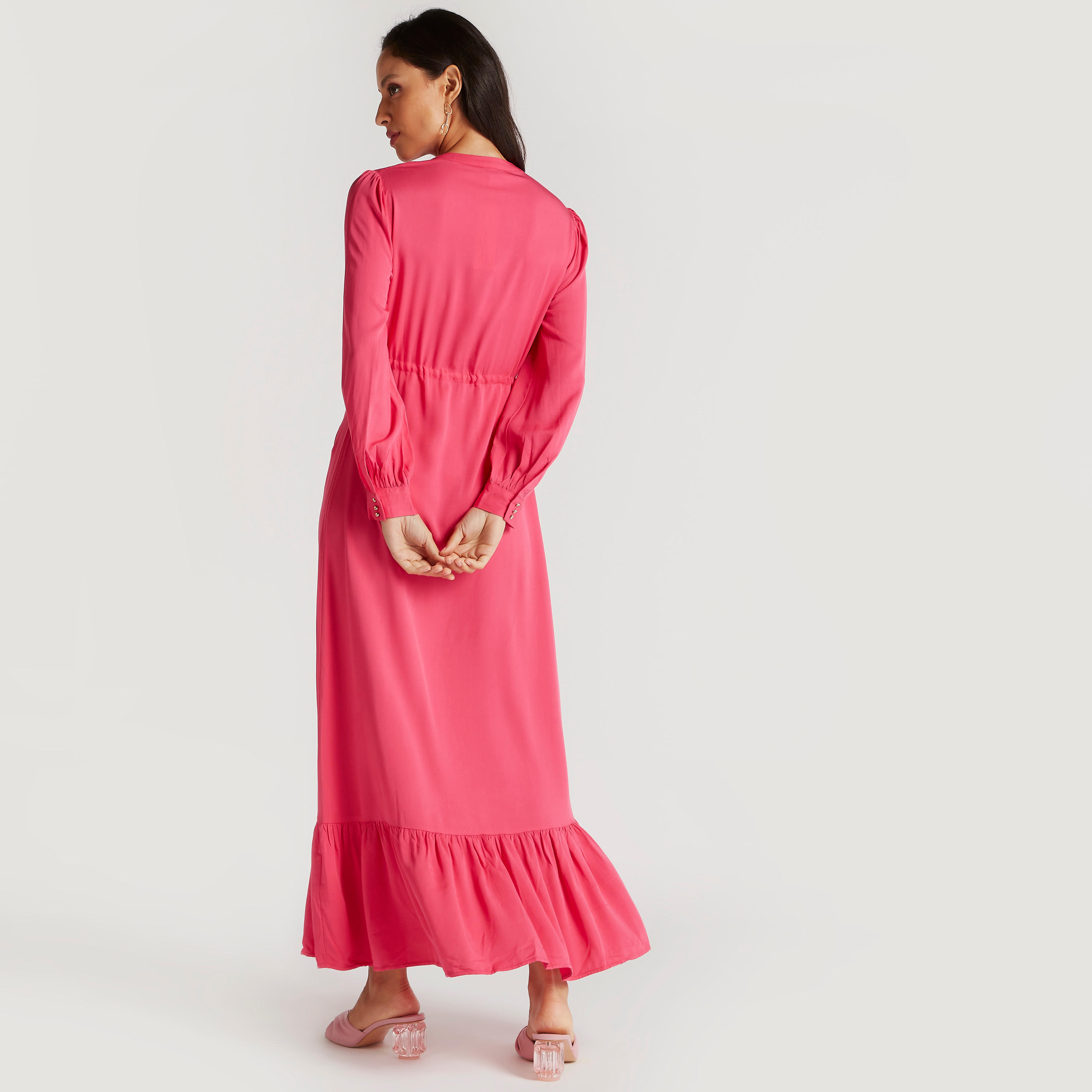 فستان طويل إيه لاين سادة بياقة ماندارين وأكمام طويلة من آيكونيك-women-clothing-dresses-image-4