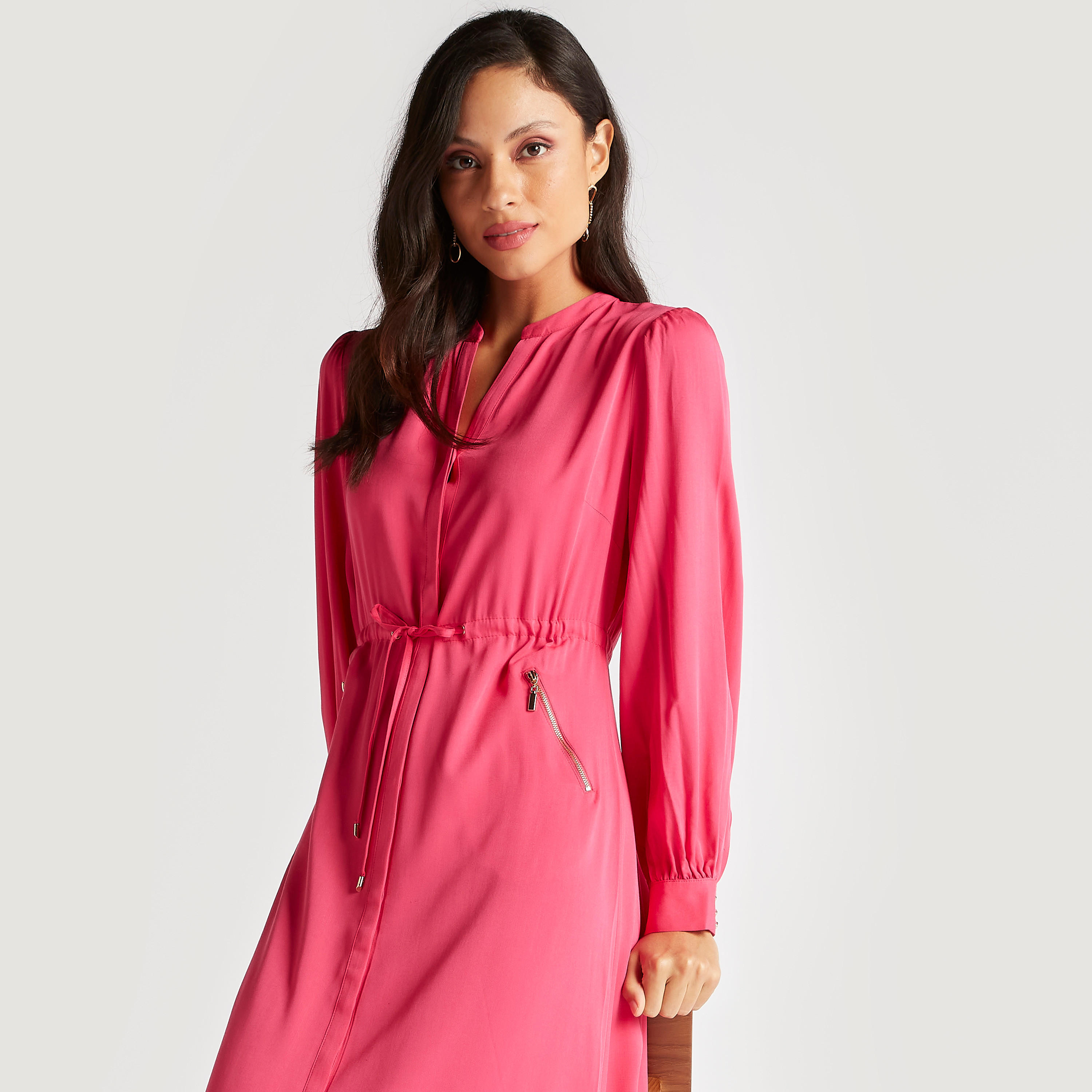 فستان طويل إيه لاين سادة بياقة ماندارين وأكمام طويلة من آيكونيك-women-clothing-dresses-image-5