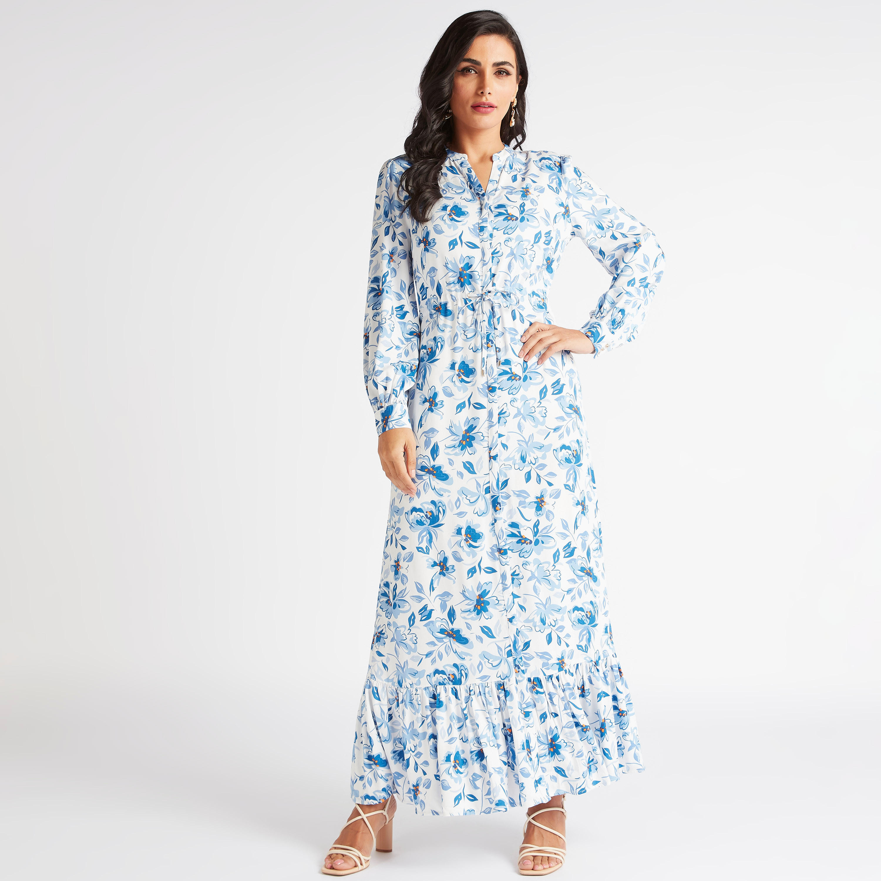 فستان طويل إيه لاين بأربطة خصر وطبعات زهرية-women-clothing-dresses-image-2