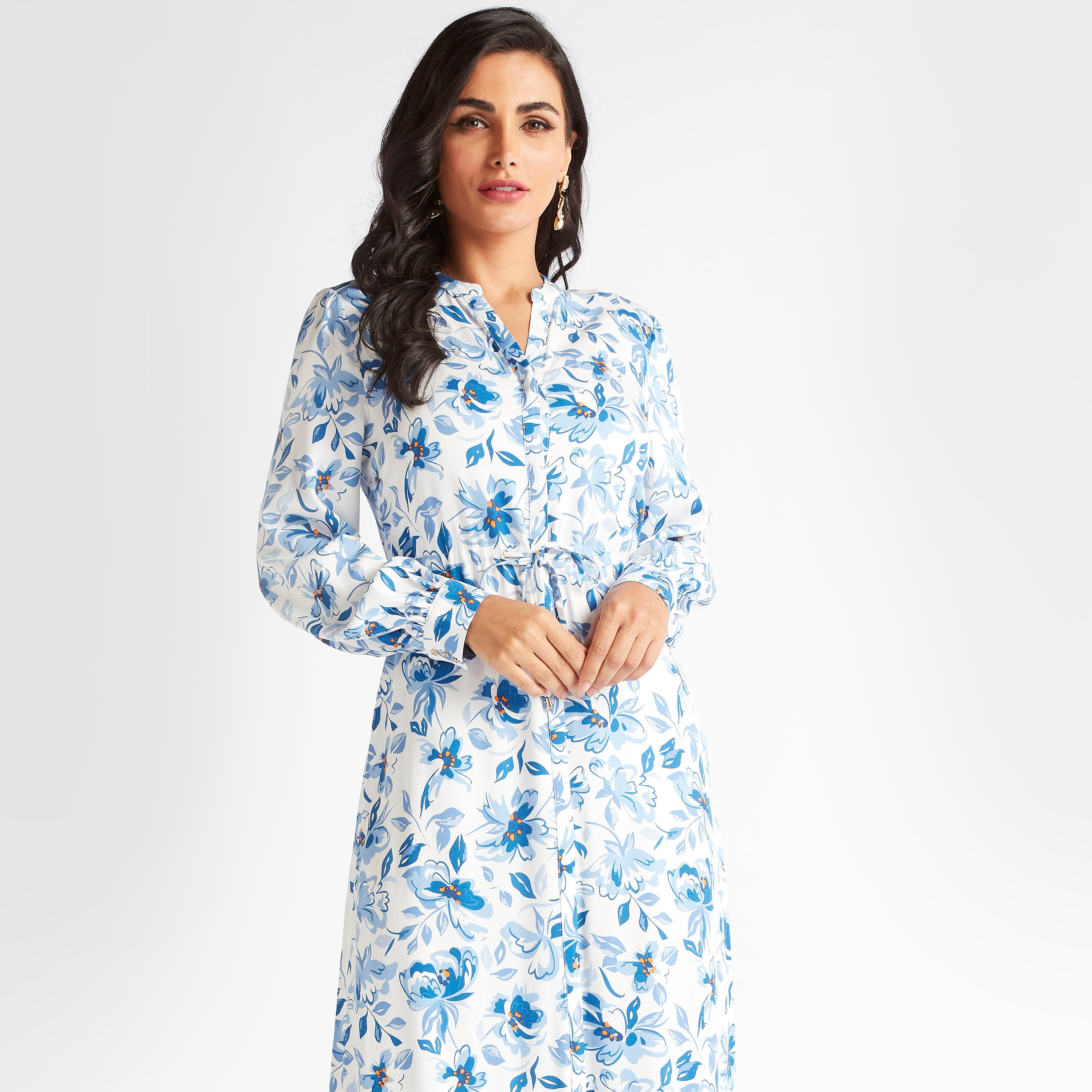 فستان طويل إيه لاين بأربطة خصر وطبعات زهرية-women-clothing-dresses-image-3