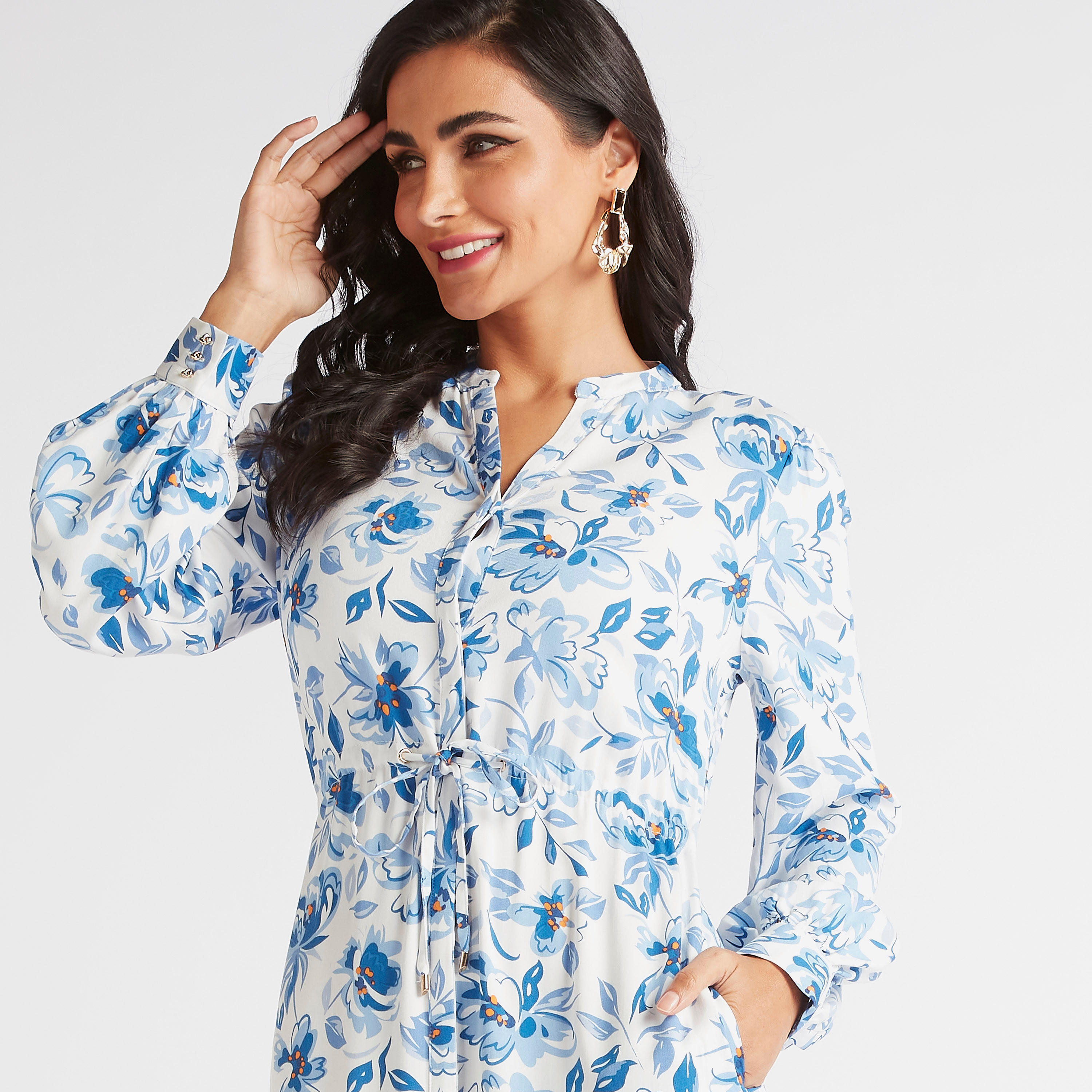 فستان طويل إيه لاين بأربطة خصر وطبعات زهرية-women-clothing-dresses-image-6