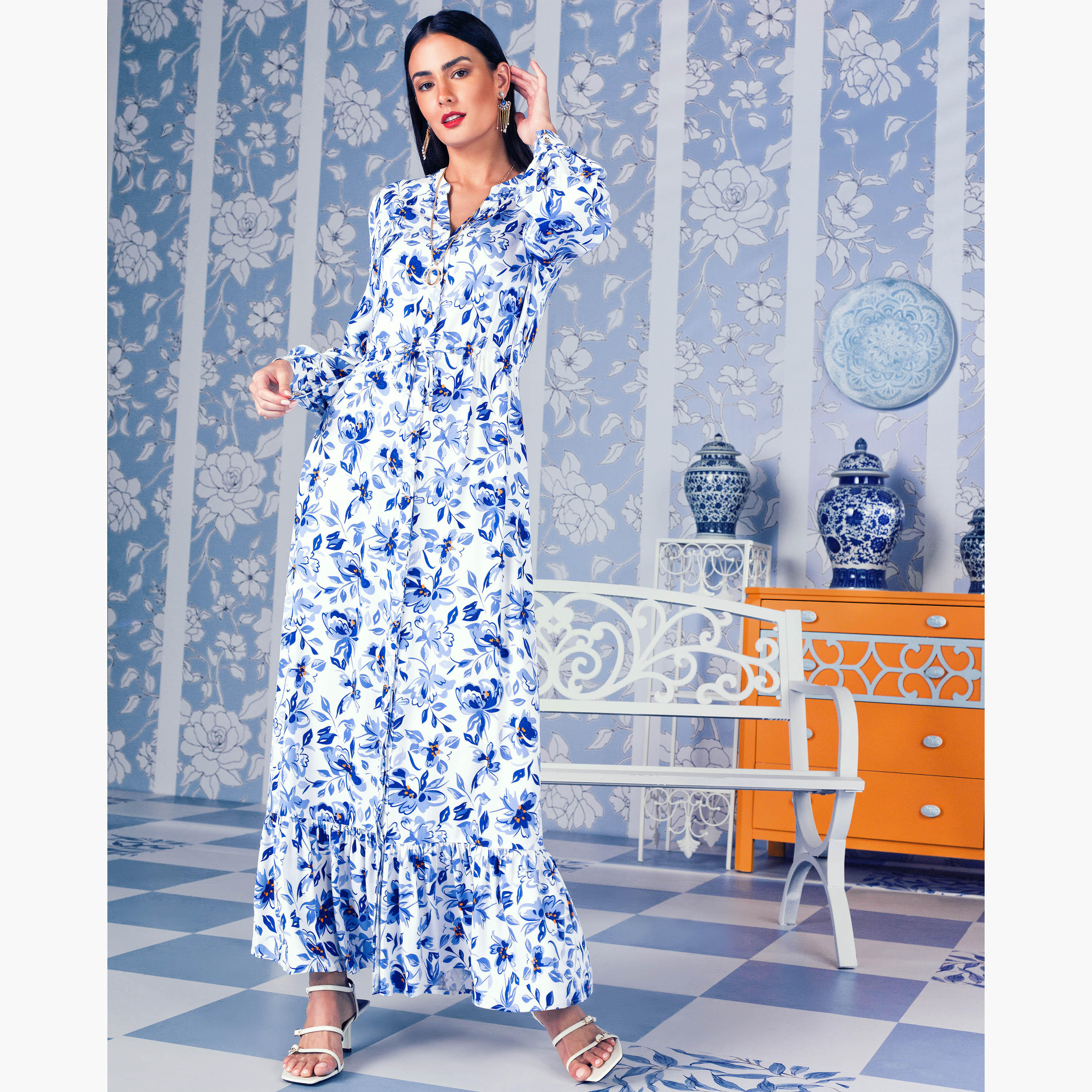 فستان طويل إيه لاين بأربطة خصر وطبعات زهرية-women-clothing-dresses-image-1