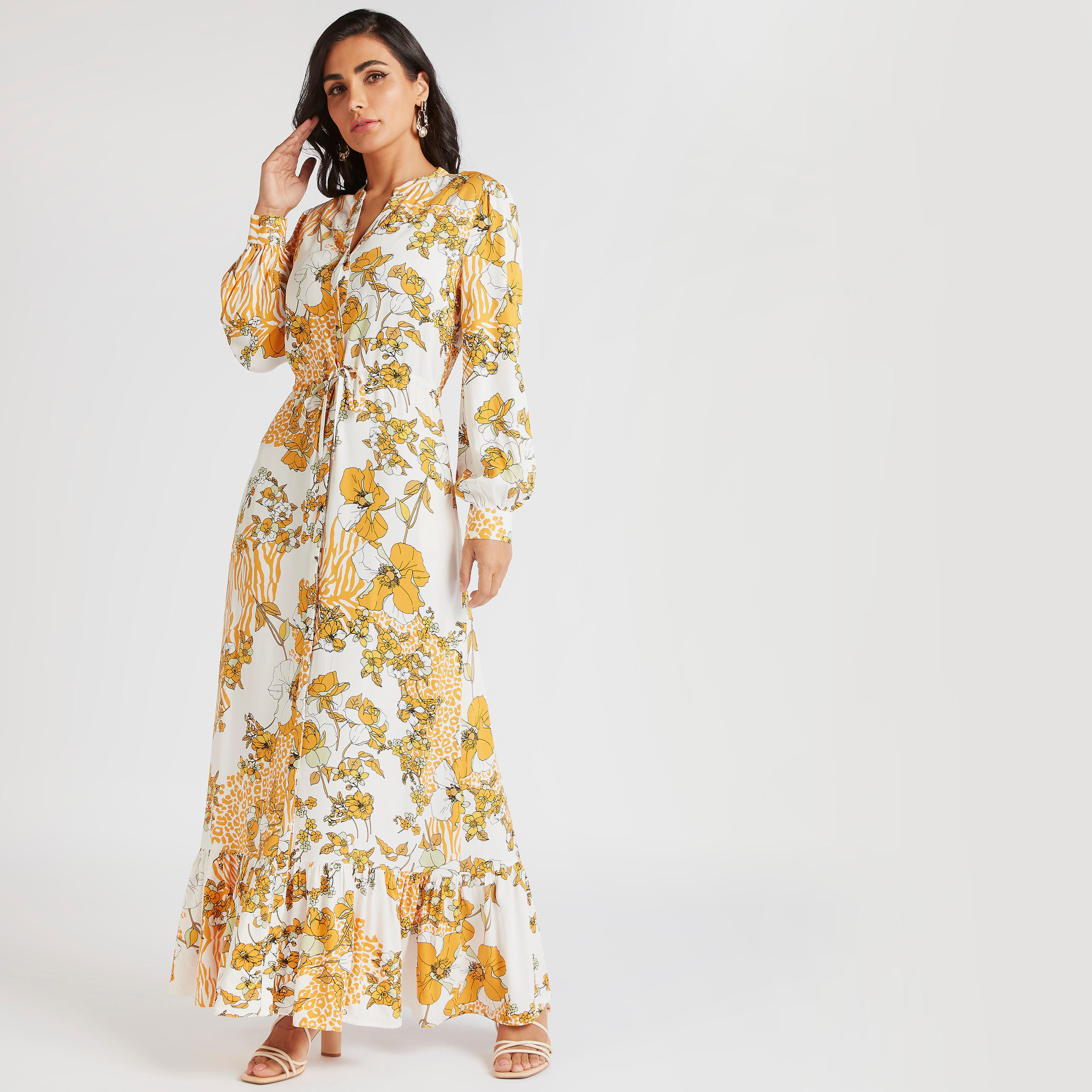 فستان طويل إيه لاين بطبعات أزهار وأربطة خصر من آيكونيك-women-clothing-dresses-image-1