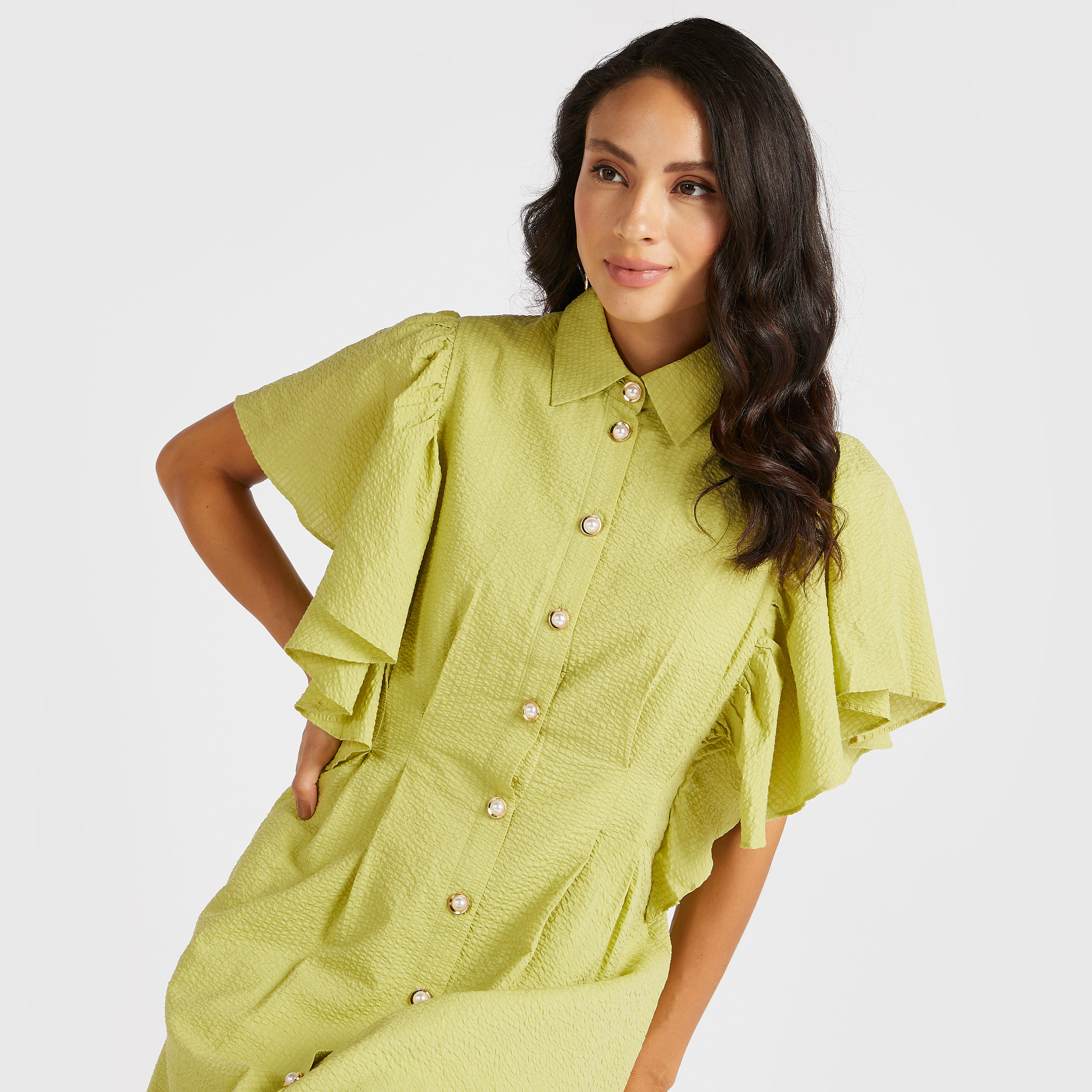 فستان قصير إيه لاين بارز الملمس بأكمام كشكش من آيكونيك-women-clothing-dresses-image-1
