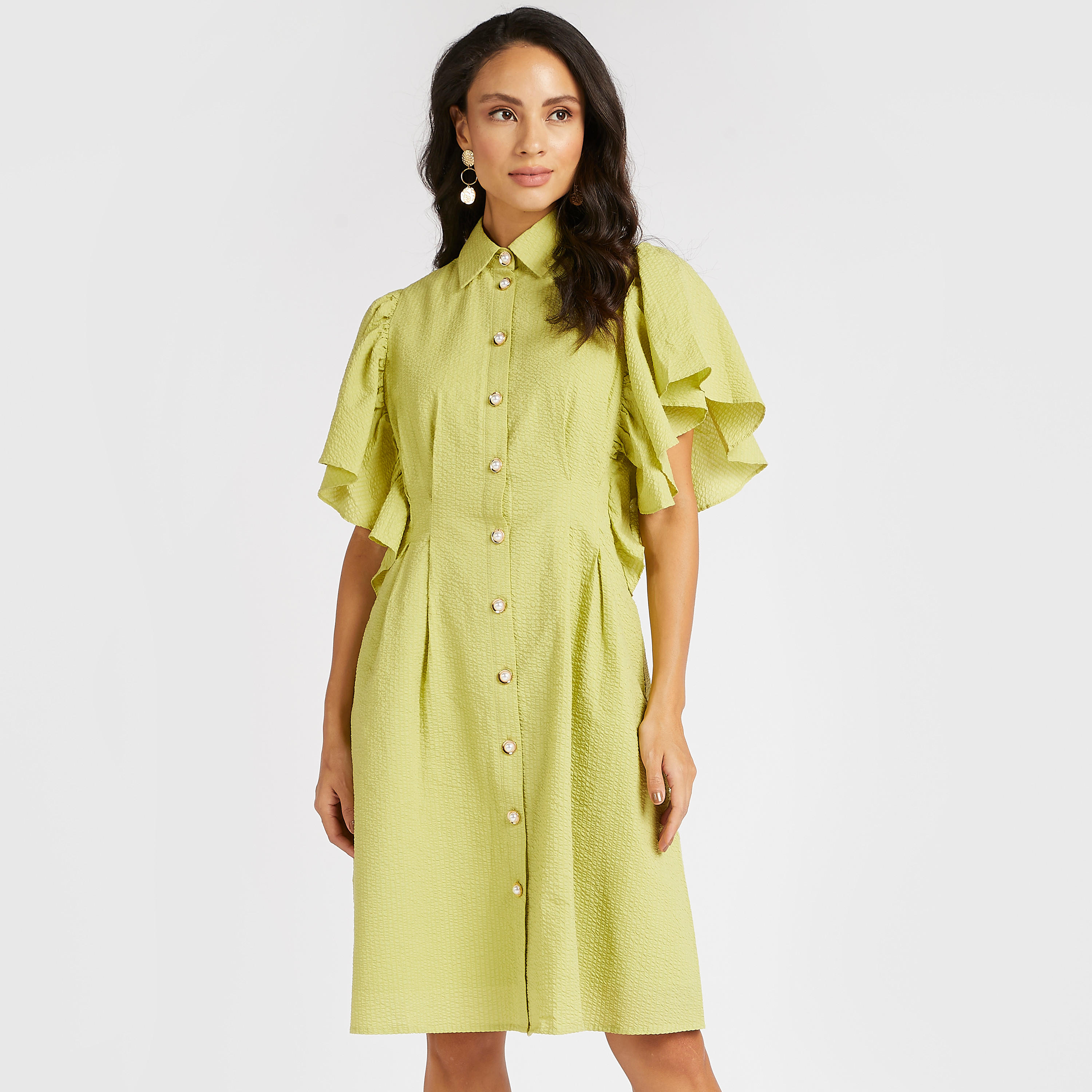 فستان قصير إيه لاين بارز الملمس بأكمام كشكش من آيكونيك-women-clothing-dresses-image-2