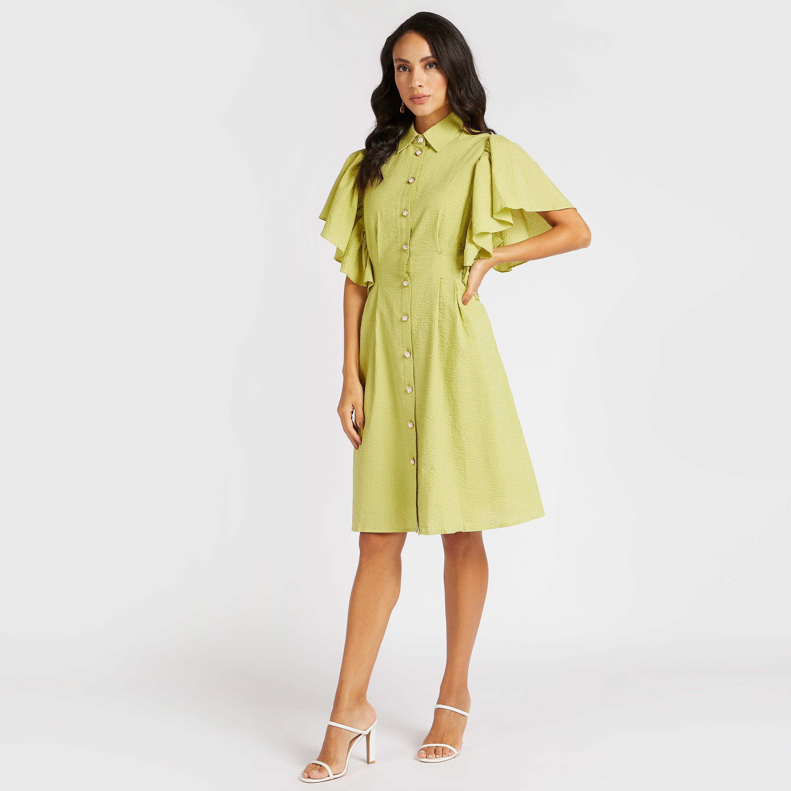 فستان قصير إيه لاين بارز الملمس بأكمام كشكش من آيكونيك-women-clothing-dresses-image-3