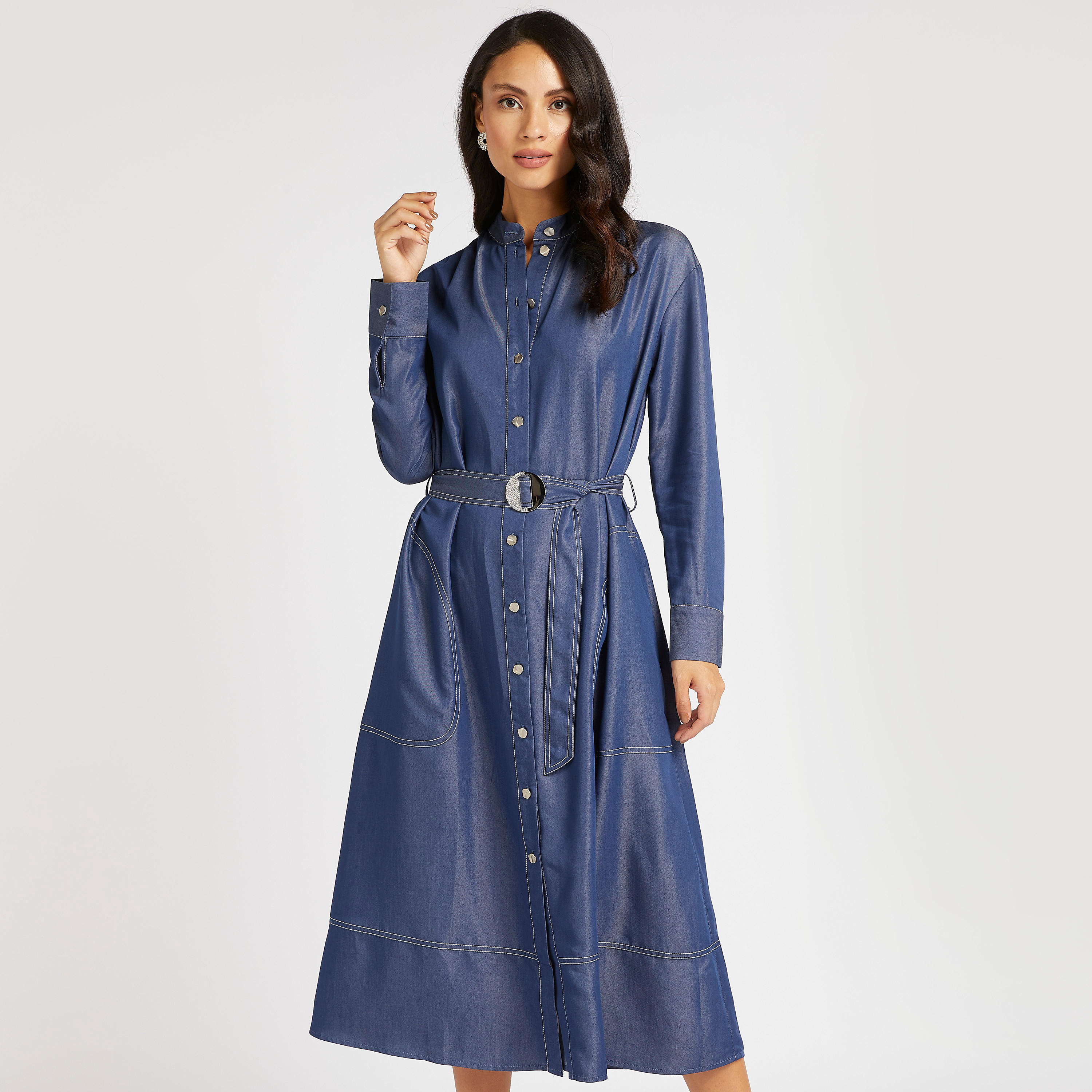 فستان قميص ميدي بأكمام طويلة وجيوب وطبعات من آيكونيك-women-clothing-dresses-image-2