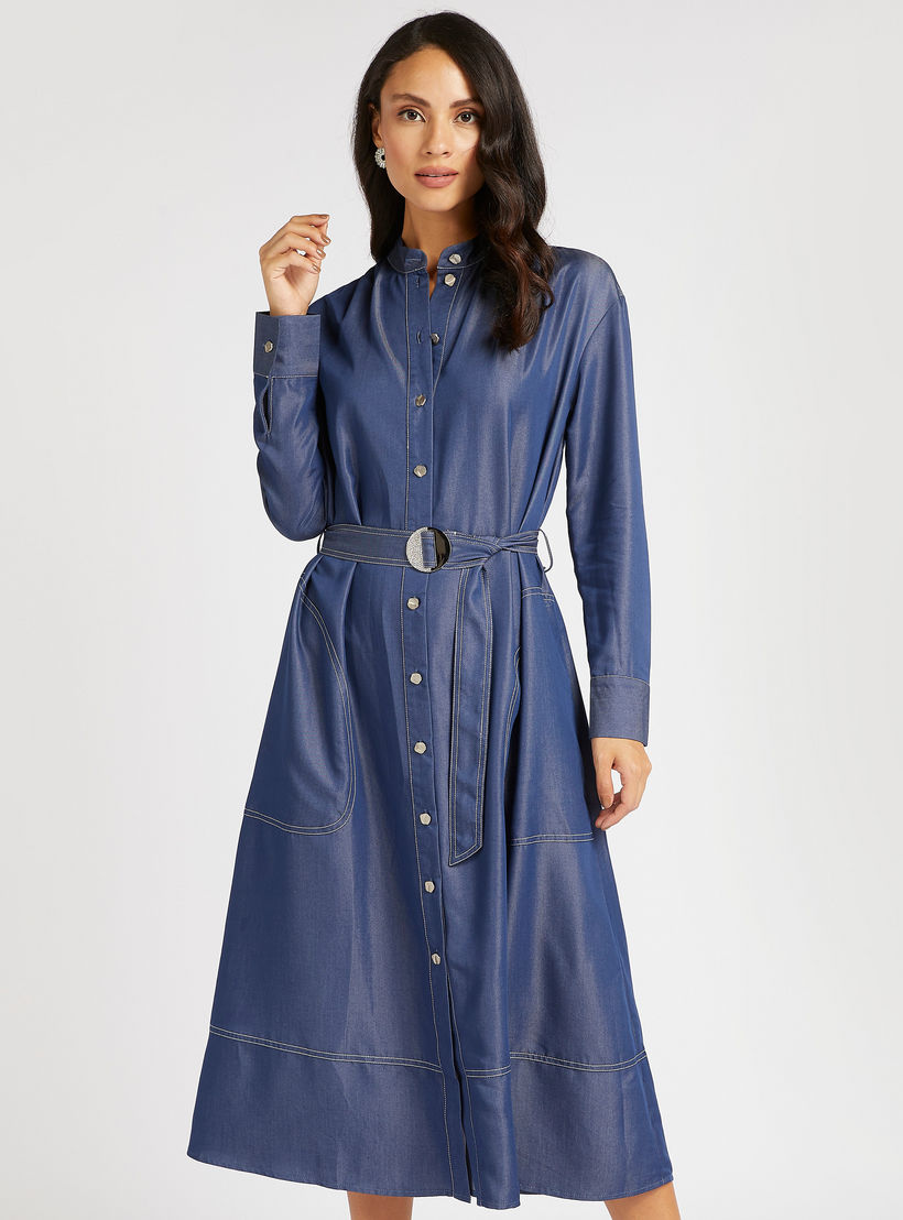 فستان قميص ميدي بأكمام طويلة وجيوب وطبعات من آيكونيك-women-clothing-dresses-image-2