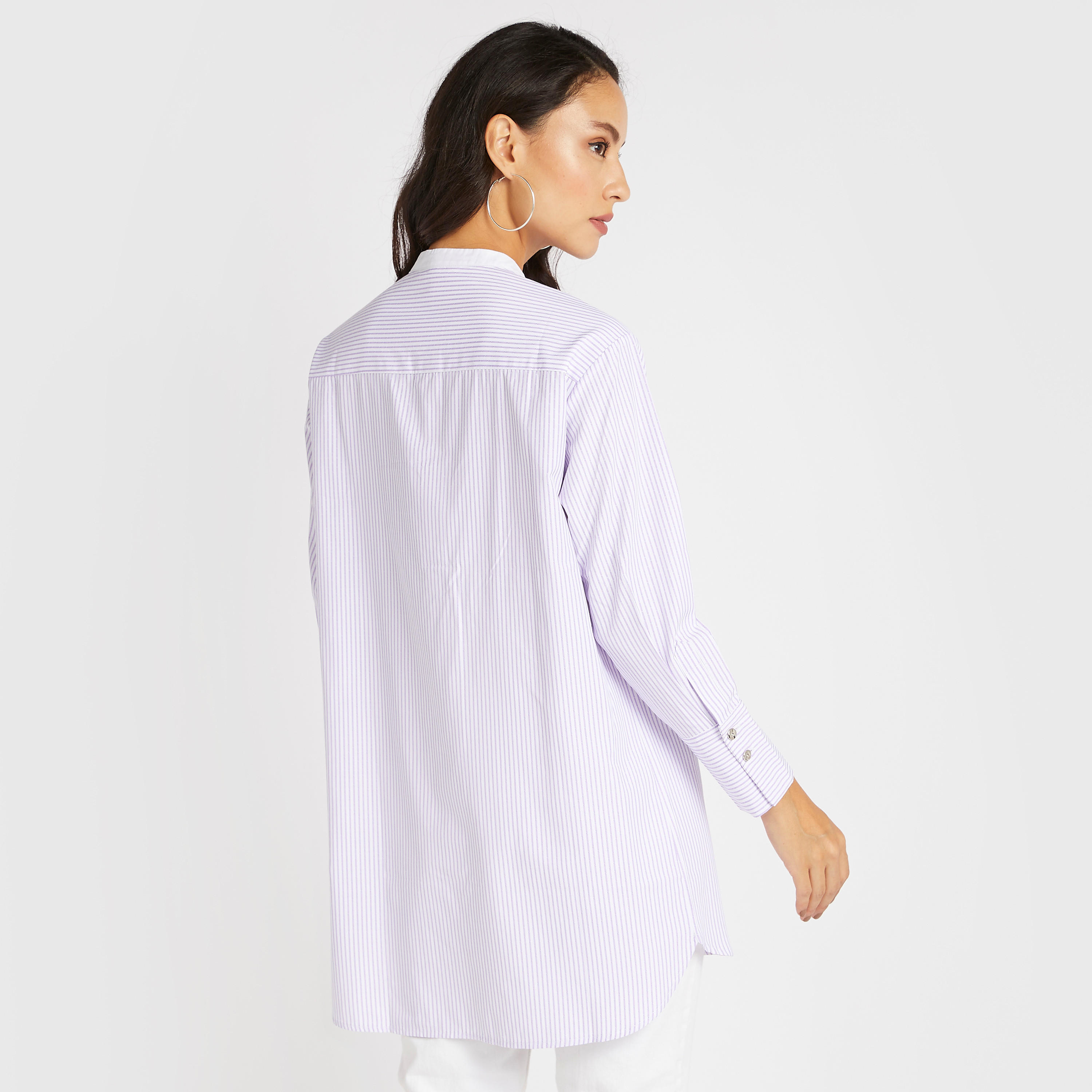 تونيك مقلّم بزخارف دانتيل وياقة ماندارين من آيكونيك-women-clothing-shirtsandblouses-blouses-image-1