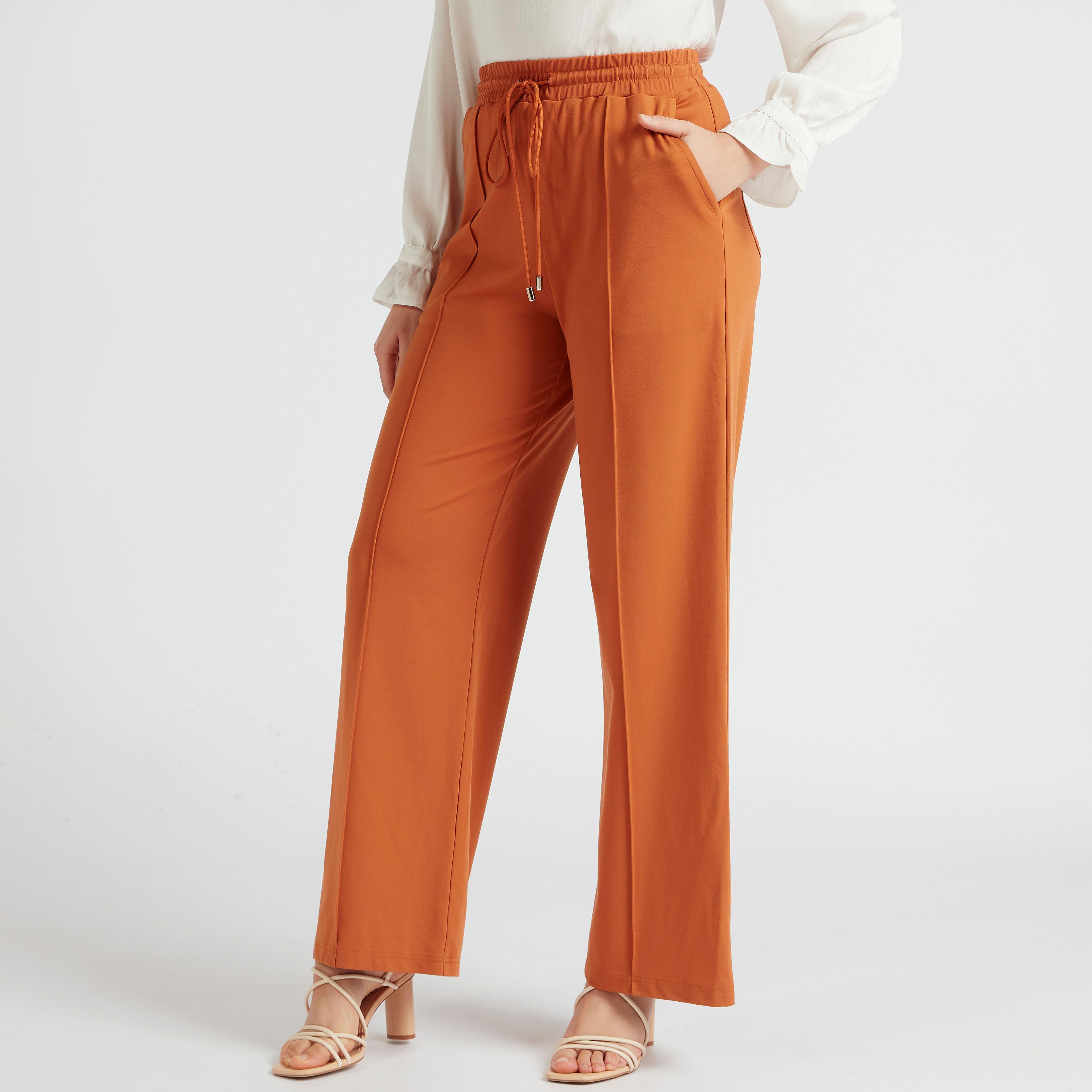 Iconic Solid Mid-Rise Pants with Drawstring Closure and Pockets-women-clothing-bottoms-trousers-image-1