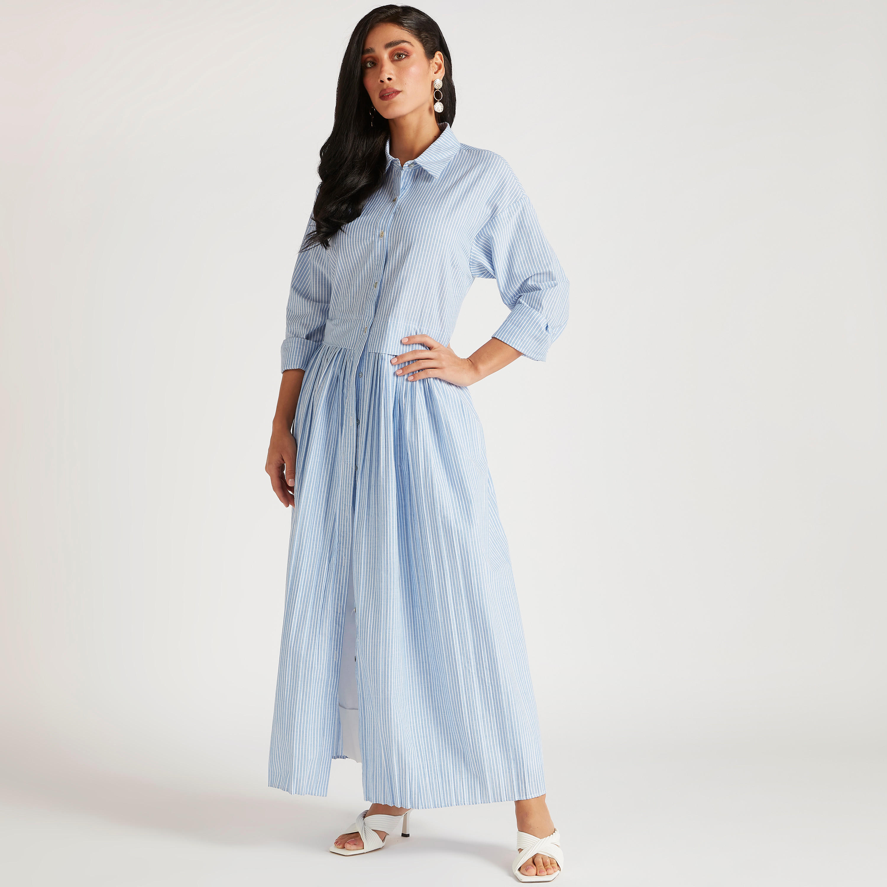 فستان قميص طويل مخطّط بأكمام طويلة من آيكونيك-women-clothing-dresses-image-1