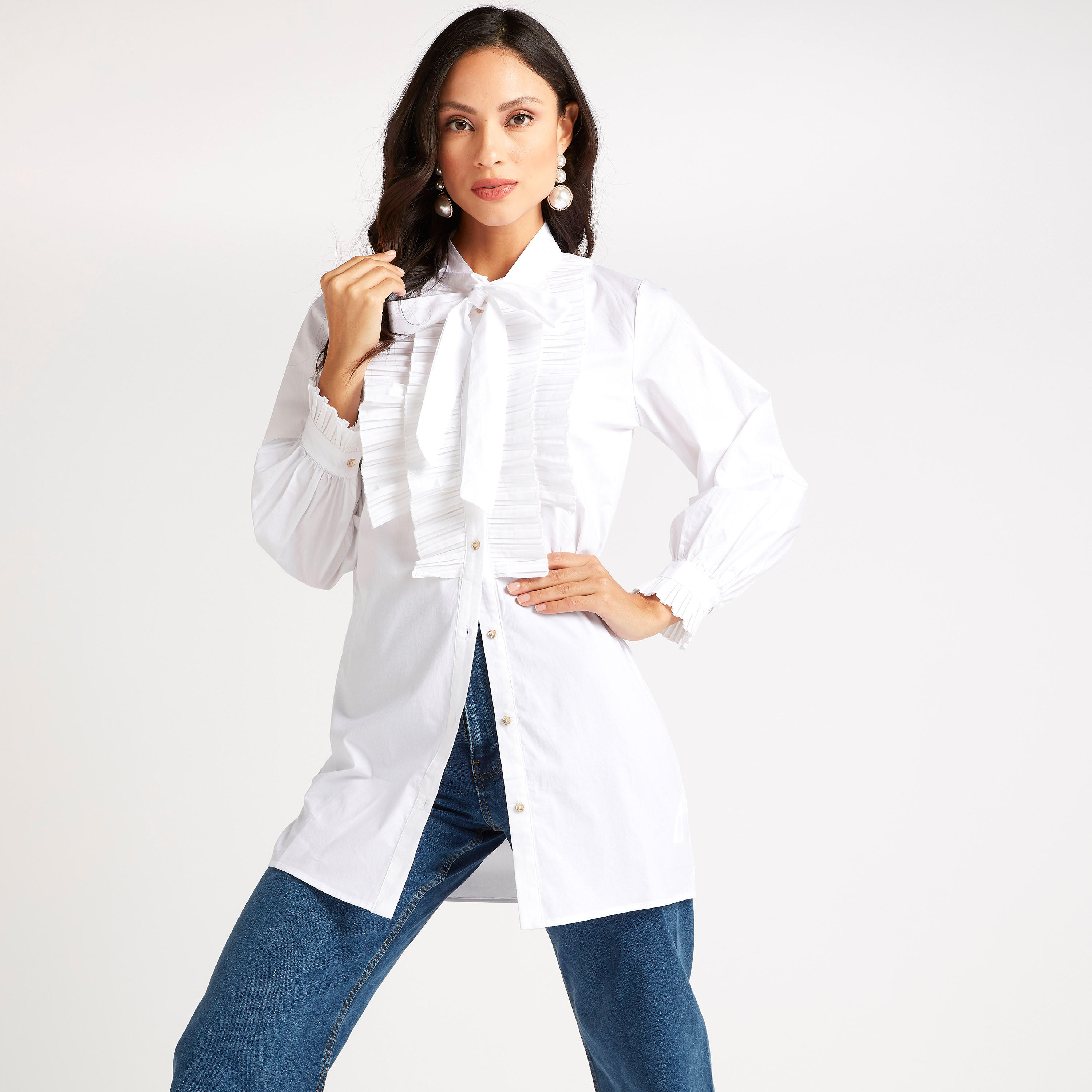 قميص سادة بكُسرات وربطة عنق من آيكونيك-women-clothing-shirtsandblouses-shirts-image-1
