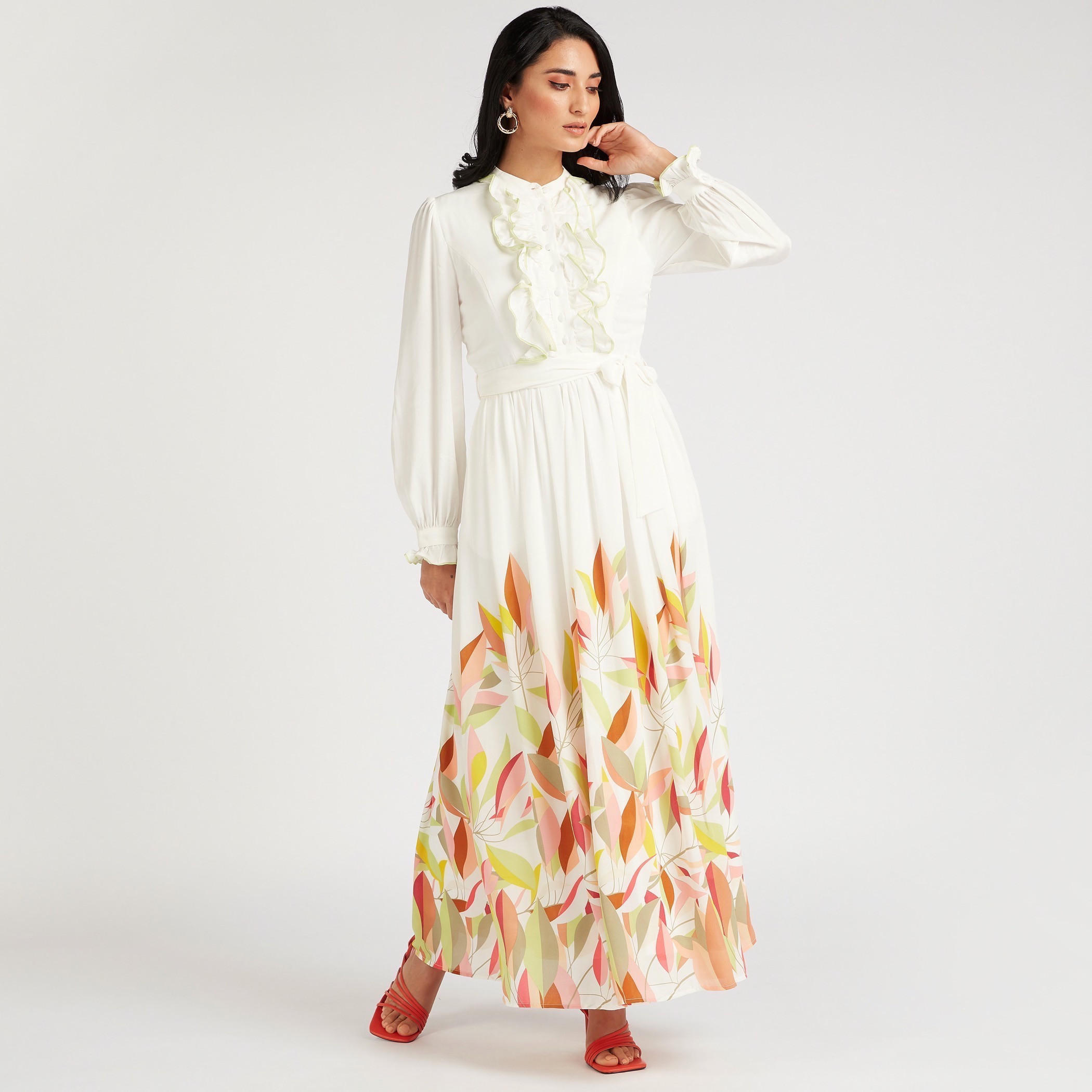 فستان طويل إيه لاين بتفاصيل كشكش وطبعات زهرية-women-clothing-dresses-image-2