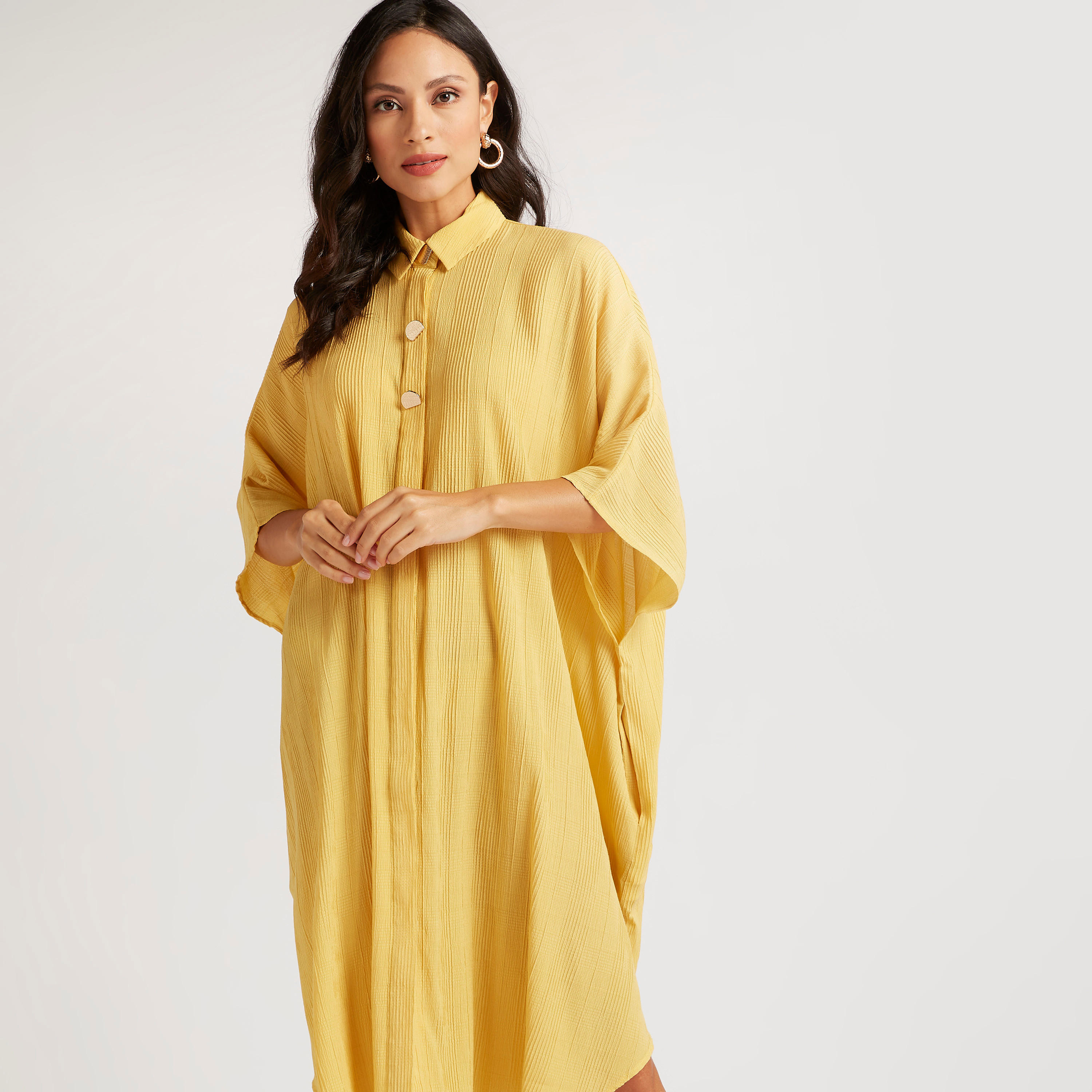 فستان قميص قفطان ميدي بارز الملمس بأطراف غير مستوية من آيكونيك-women-clothing-dresses-image-1