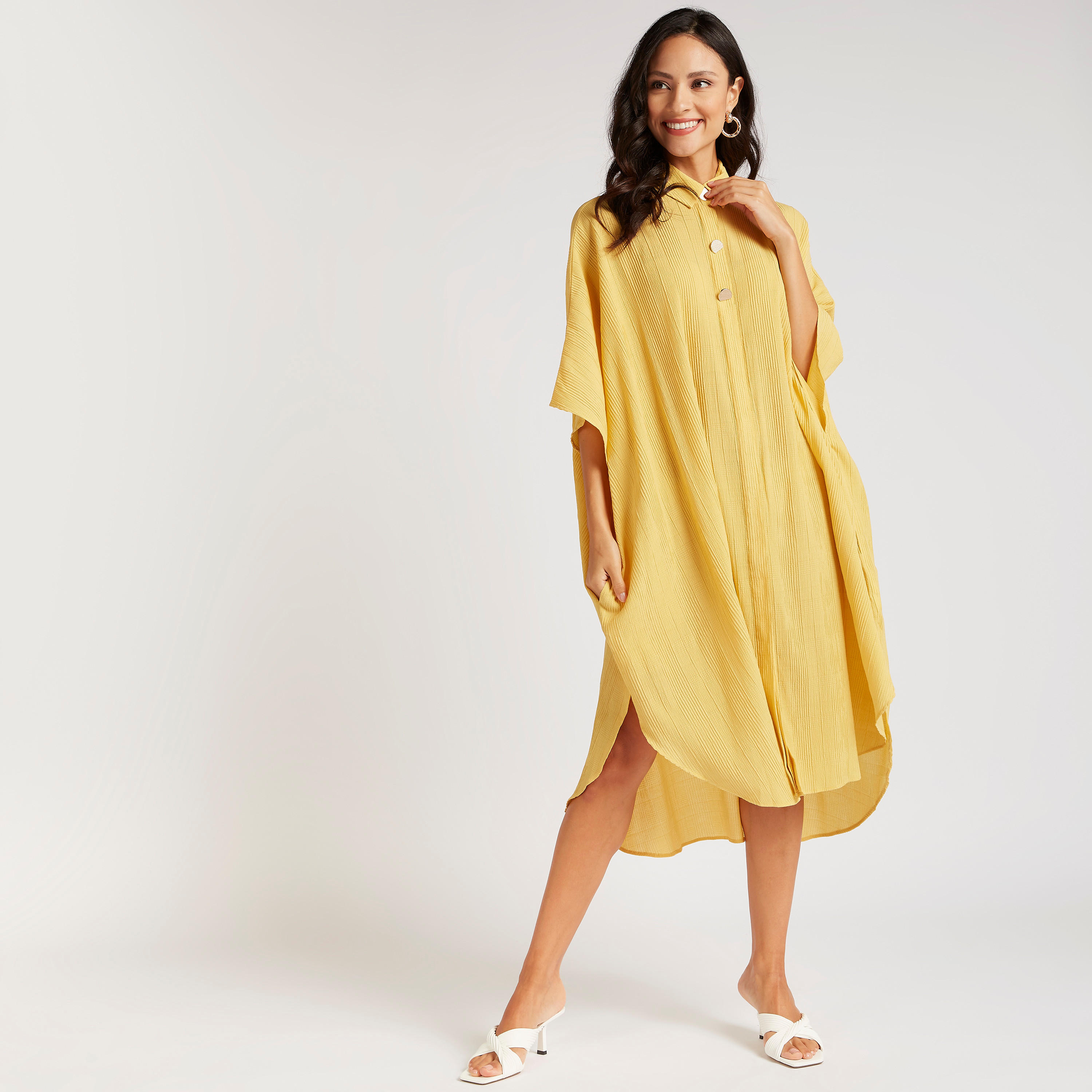 فستان قميص قفطان ميدي بارز الملمس بأطراف غير مستوية من آيكونيك-women-clothing-dresses-image-2