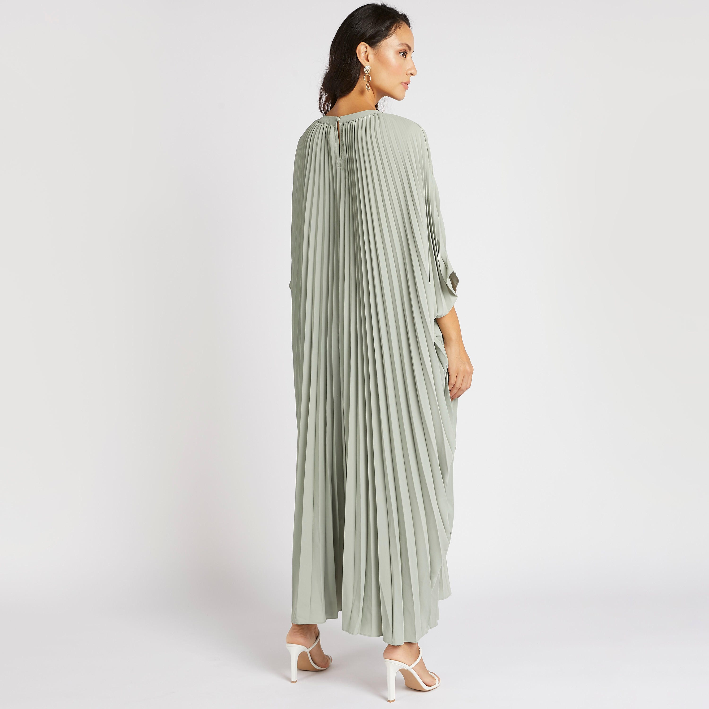 فستان قفطان طويل مكشكش من أيكونيك برقبة مطرزة-women-clothing-dresses-image-4