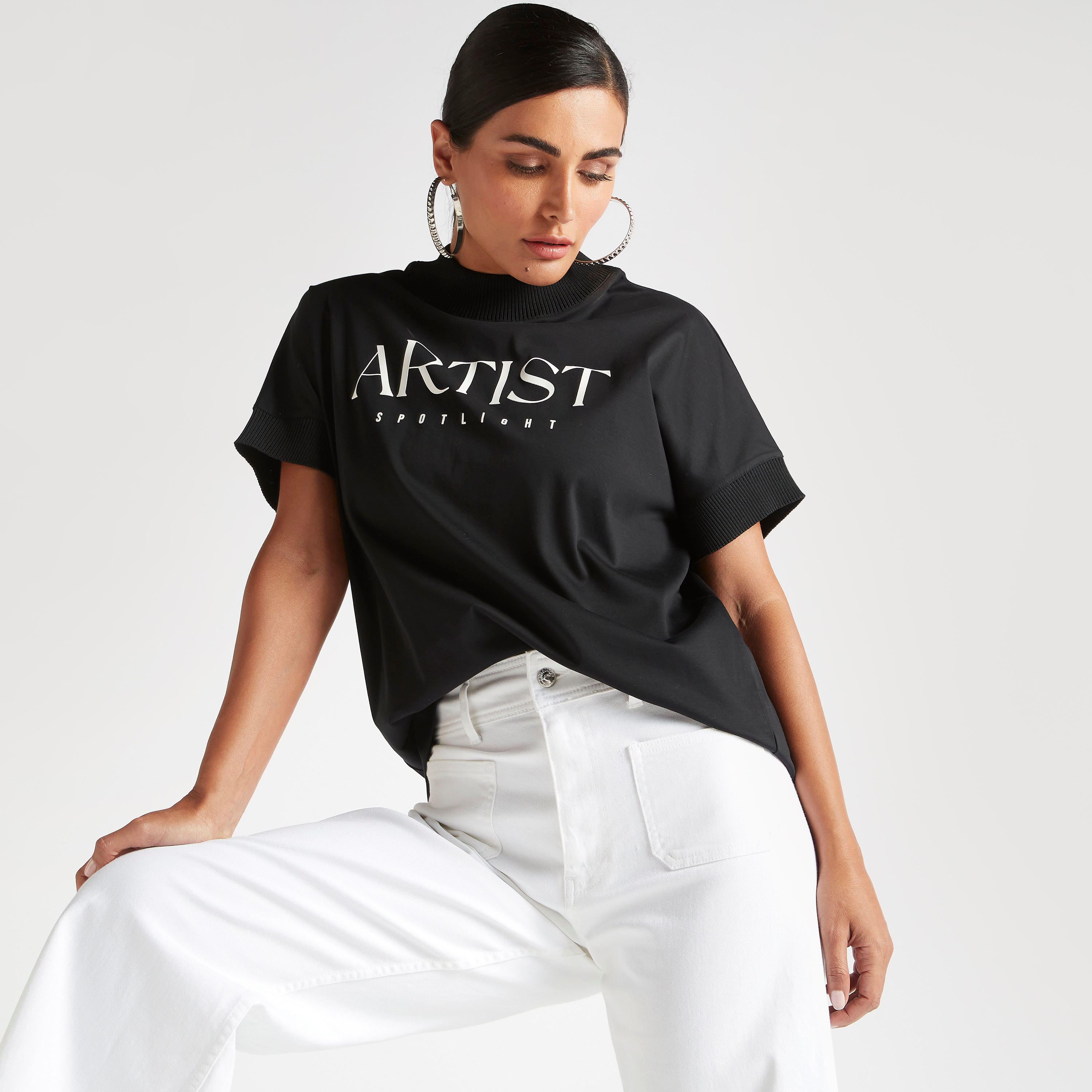 Iconic Text Print Crew Neck T-shirt with Short Sleeves-women-clothing-tshirts-image-1