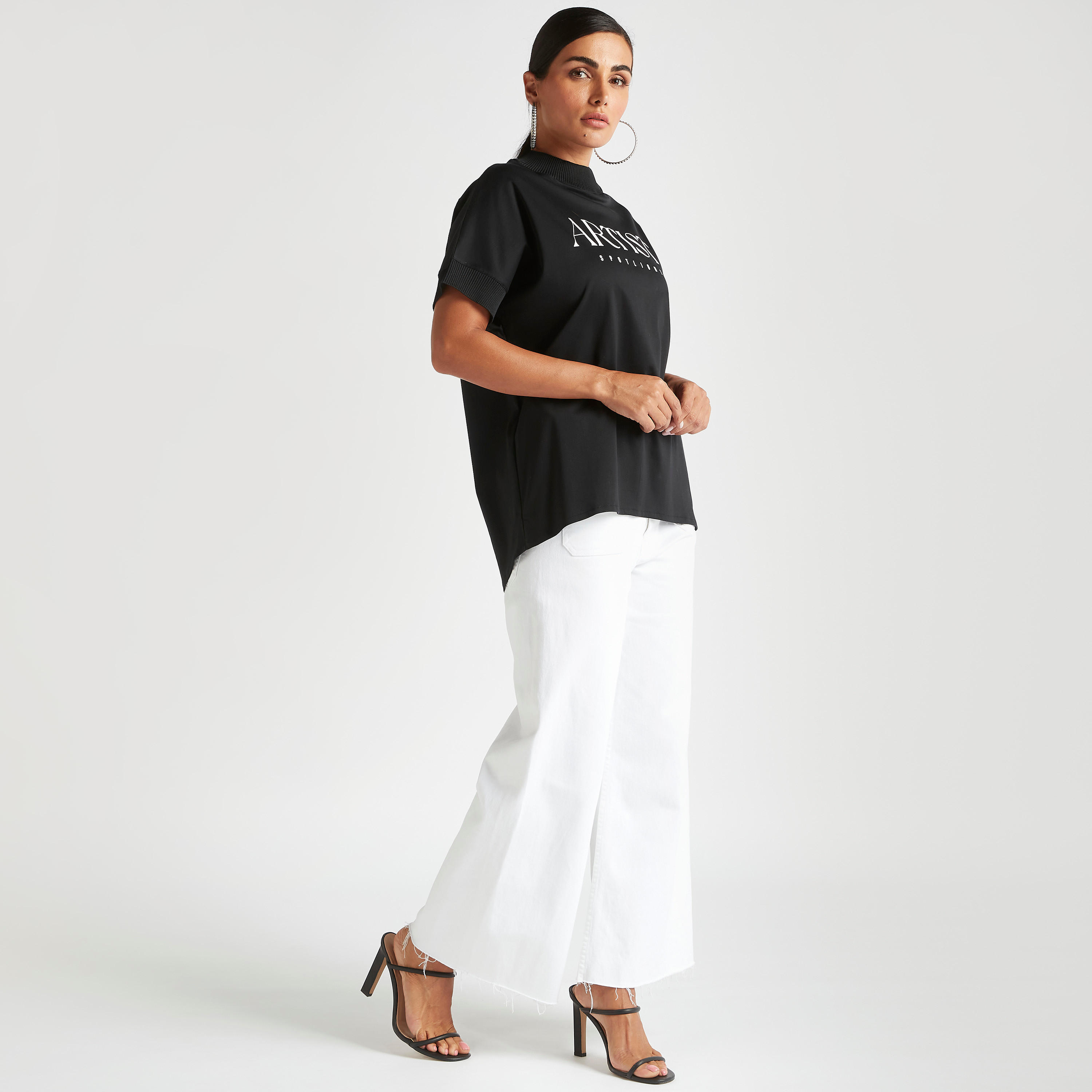 Iconic Text Print Crew Neck T-shirt with Short Sleeves-women-clothing-tshirts-image-2