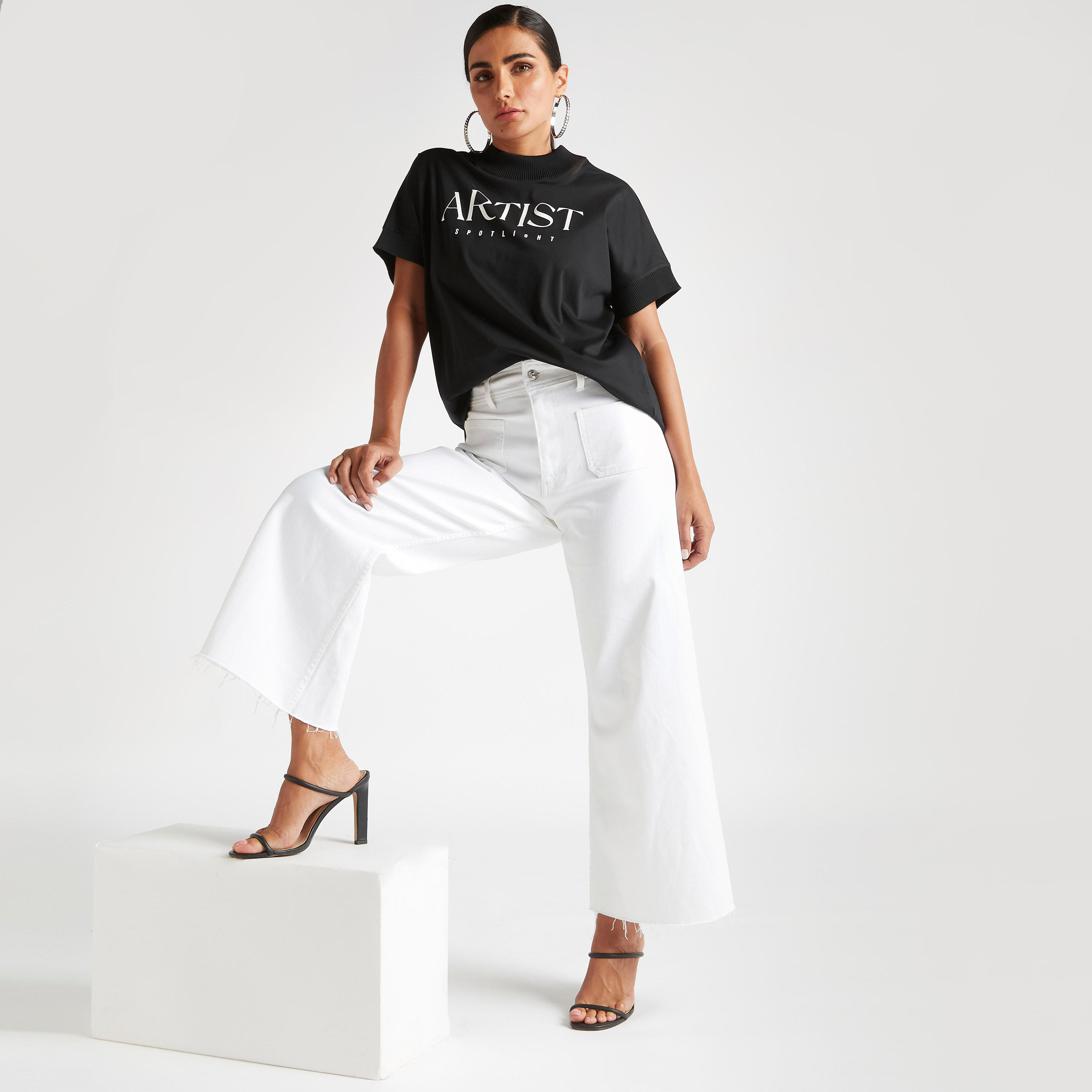 Iconic Text Print Crew Neck T-shirt with Short Sleeves-women-clothing-tshirts-image-5