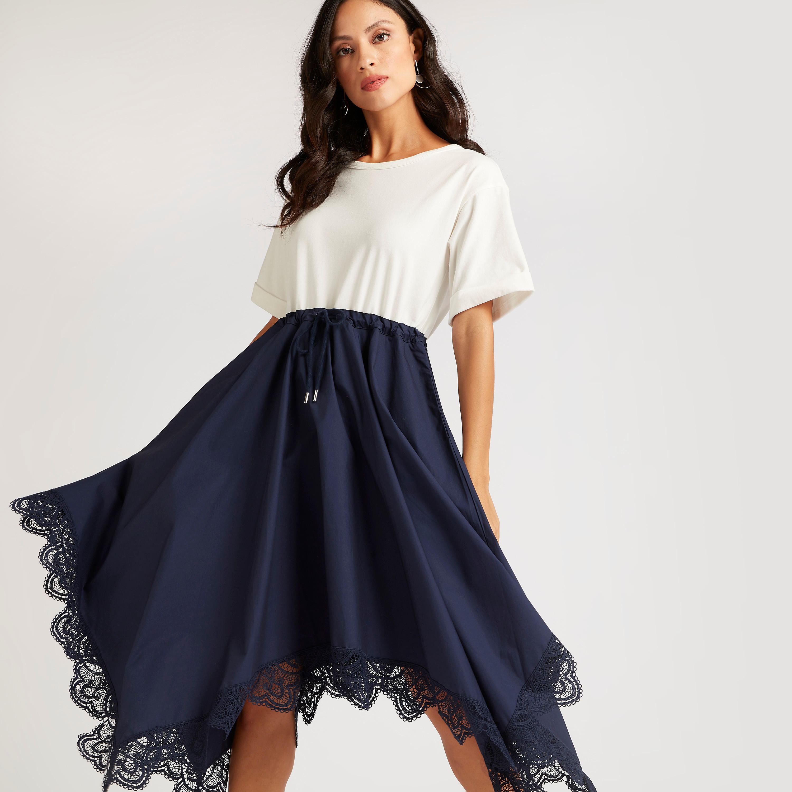 Iconic Solid Midi Asymmetric Dress with Drawstring Closure and Pockets-women-clothing-dresses-image-1