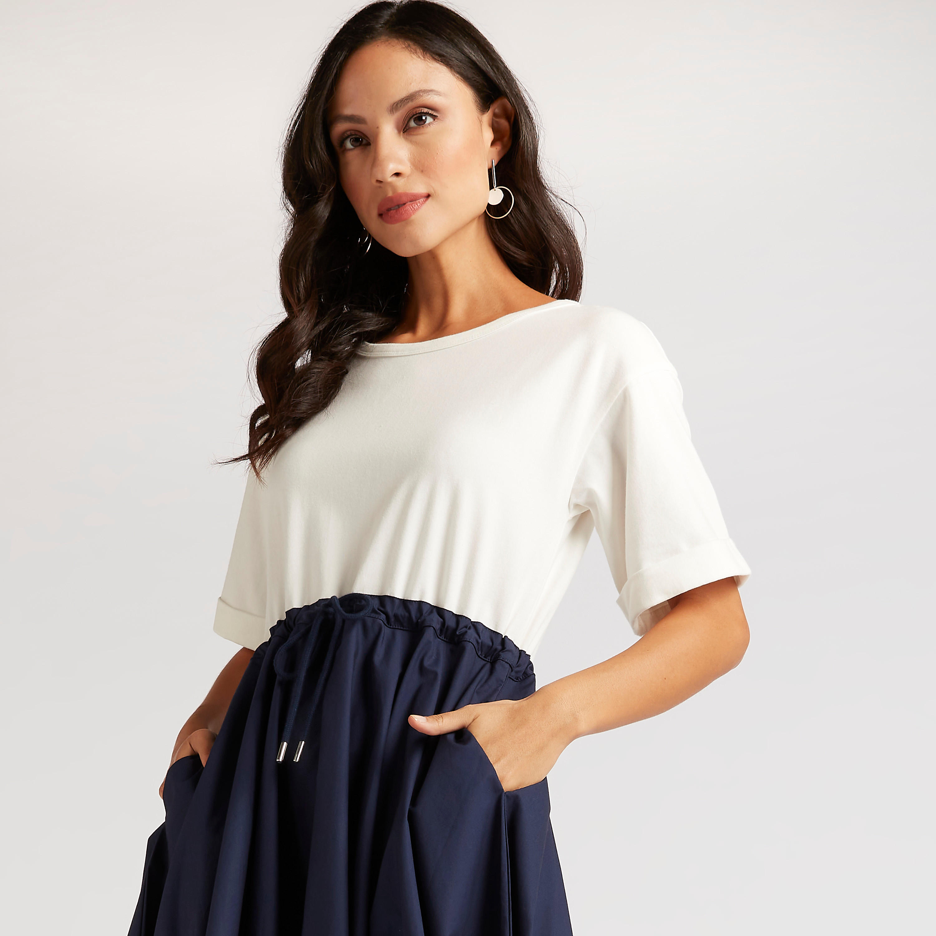 Iconic Solid Midi Asymmetric Dress with Drawstring Closure and Pockets-women-clothing-dresses-image-3