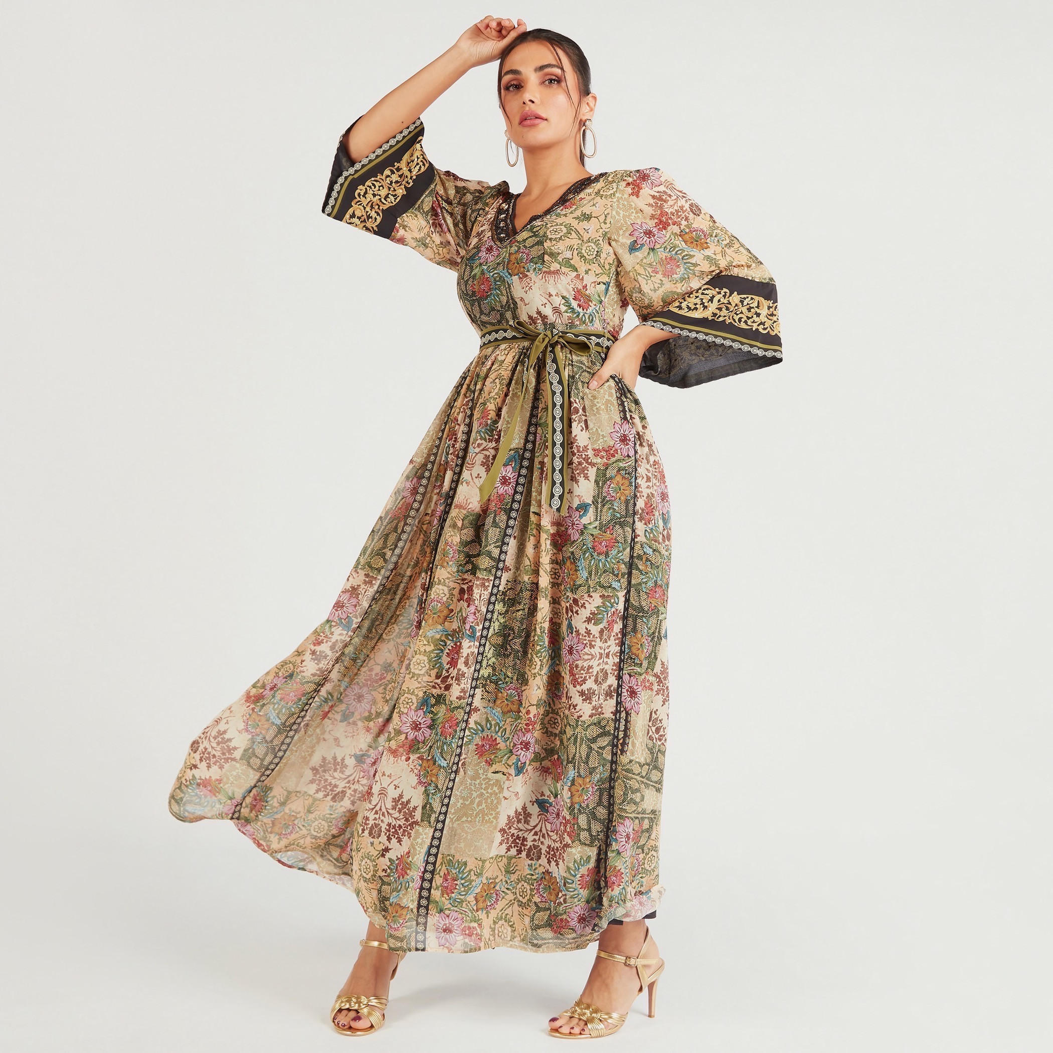 فستان إيه لاين طويل بطبعات أزهار وأربطة حزام وأكمام 3/4 من آيكونيك-women-clothing-dresses-image-1