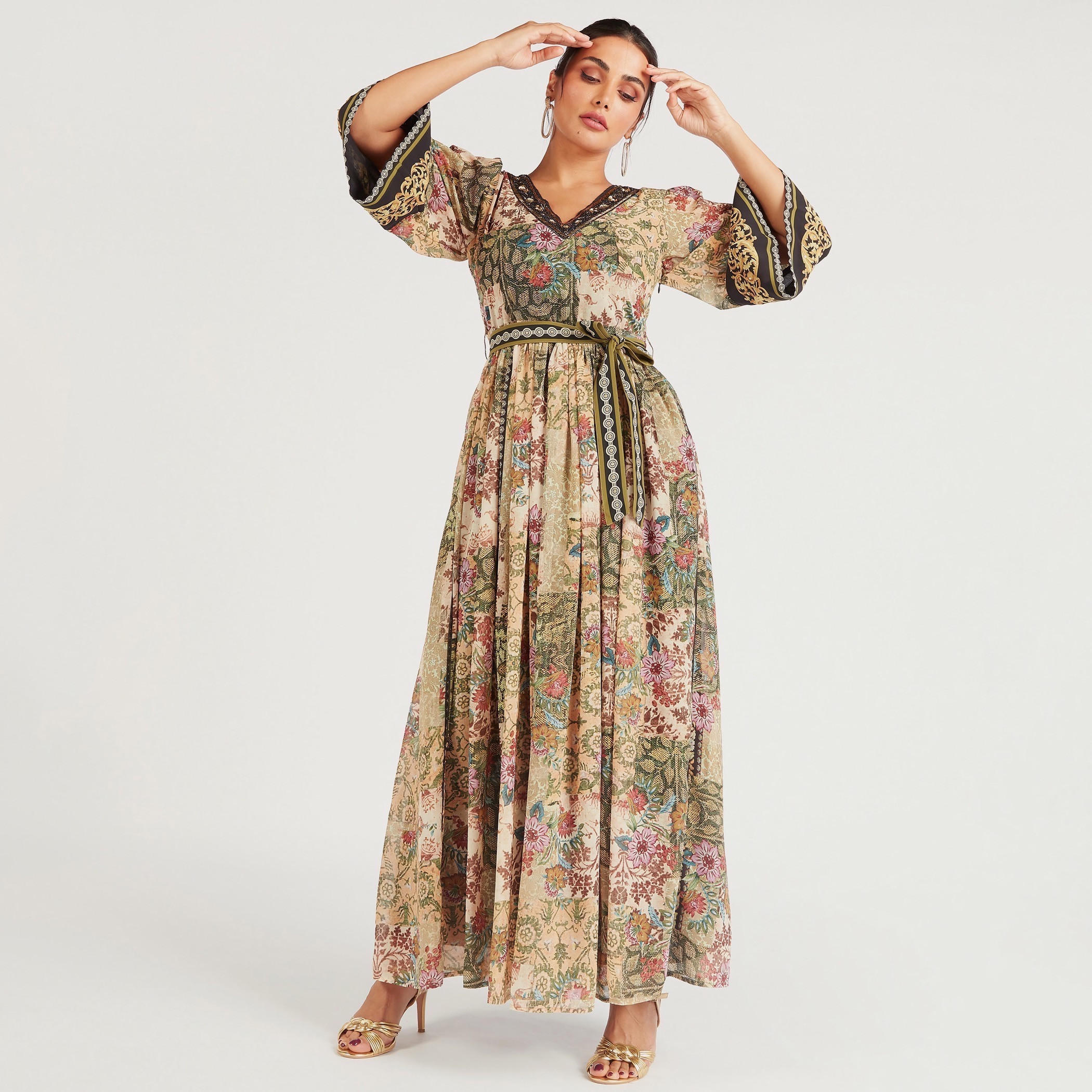 فستان إيه لاين طويل بطبعات أزهار وأربطة حزام وأكمام 3/4 من آيكونيك-women-clothing-dresses-image-2