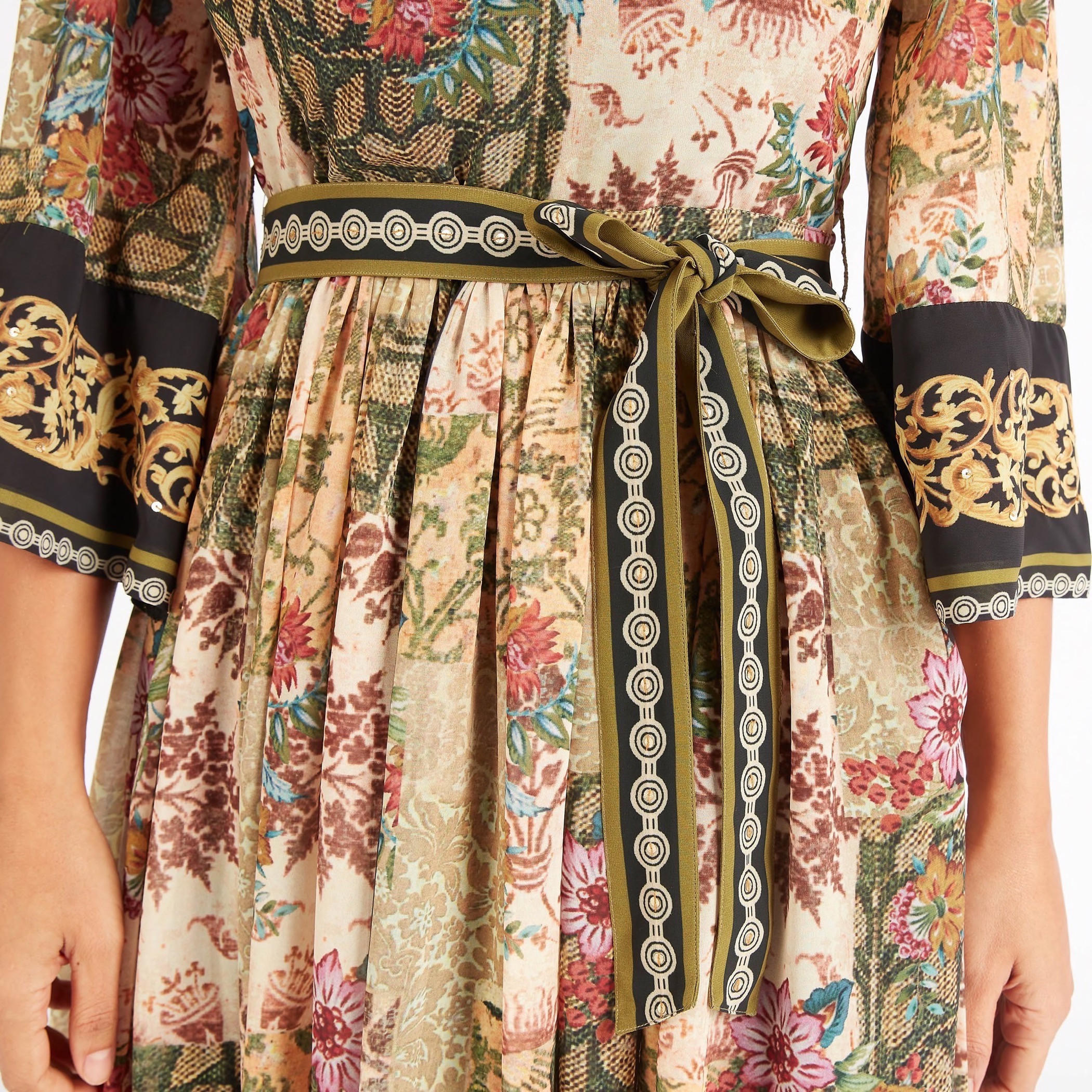 فستان إيه لاين طويل بطبعات أزهار وأربطة حزام وأكمام 3/4 من آيكونيك-women-clothing-dresses-image-3