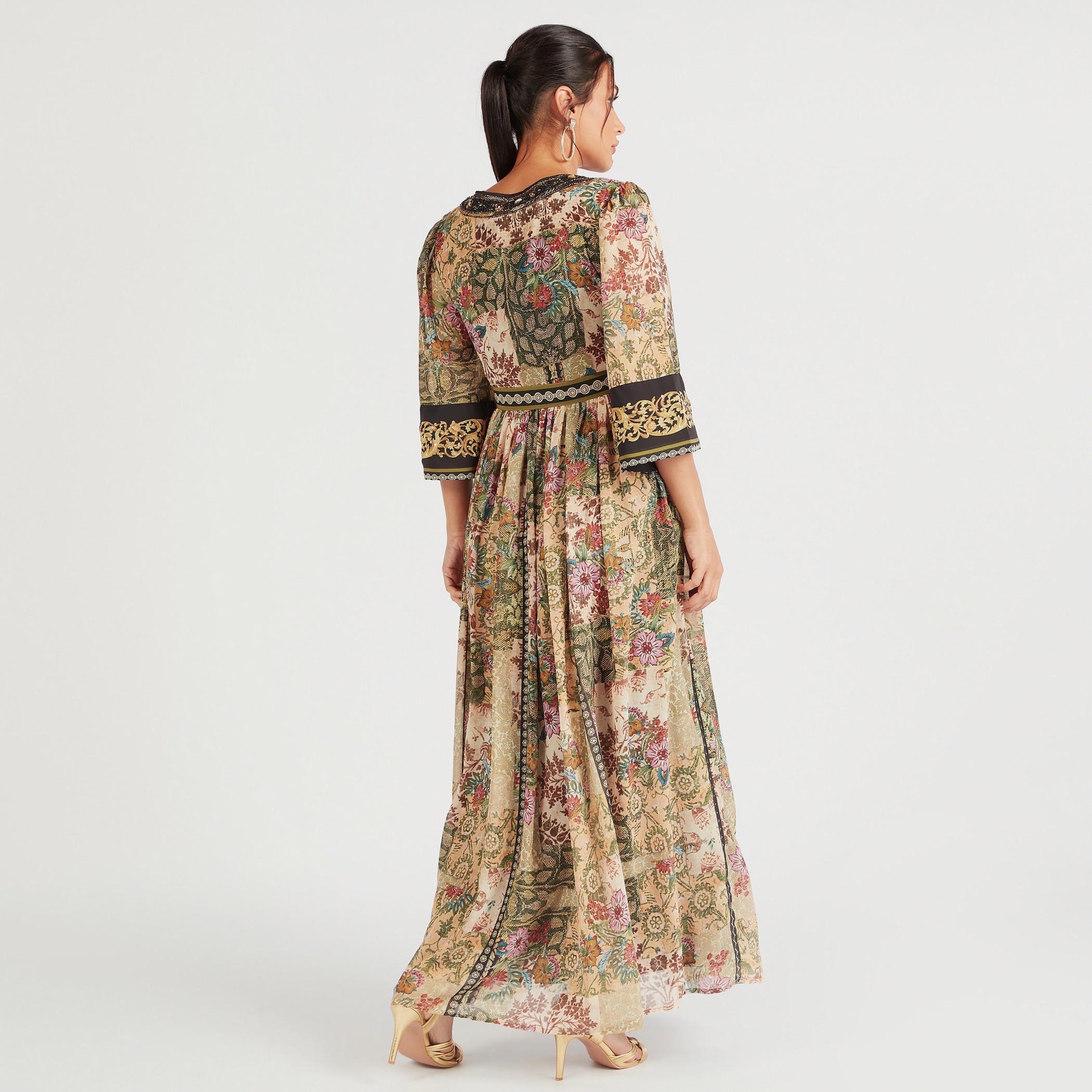 فستان إيه لاين طويل بطبعات أزهار وأربطة حزام وأكمام 3/4 من آيكونيك-women-clothing-dresses-image-4