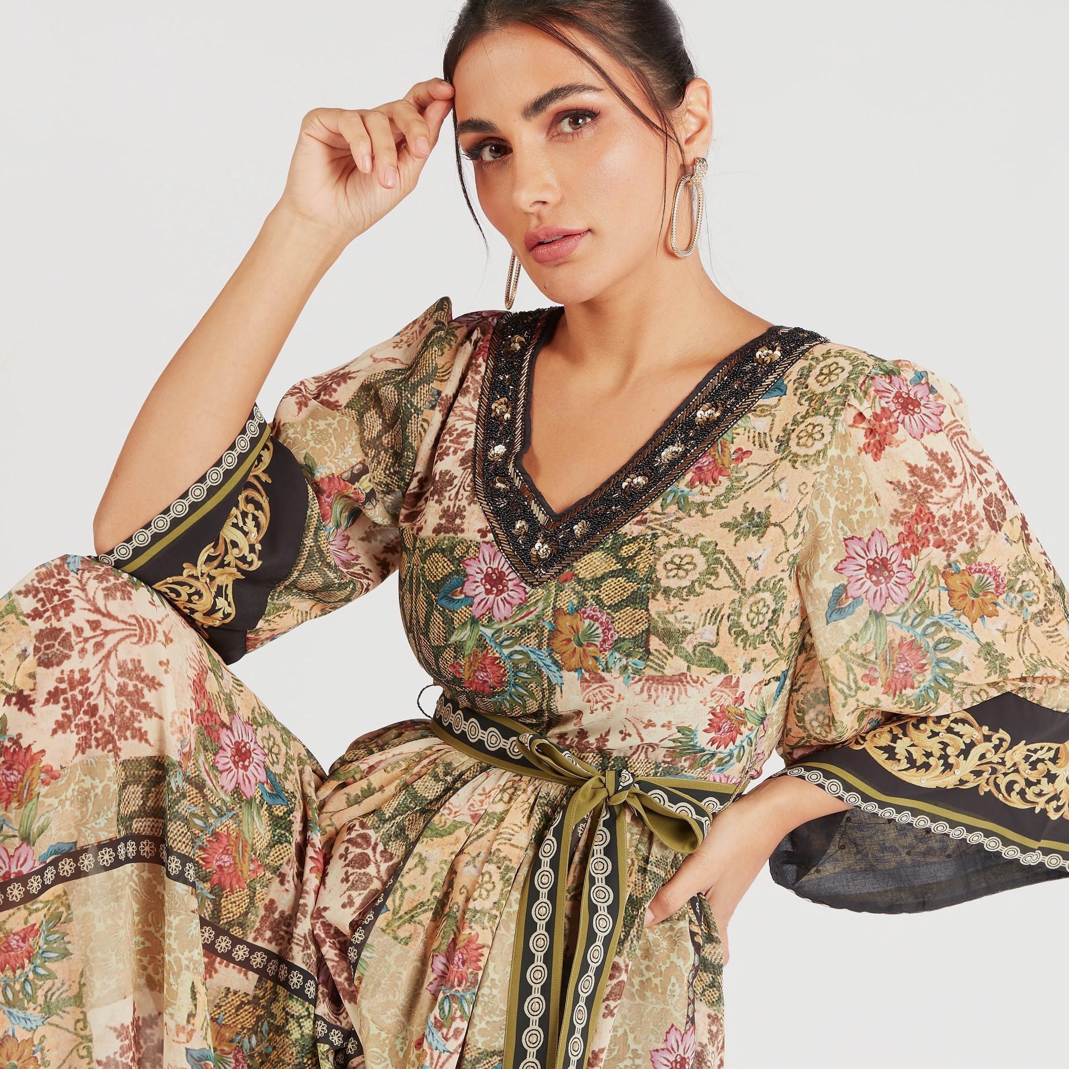 فستان إيه لاين طويل بطبعات أزهار وأربطة حزام وأكمام 3/4 من آيكونيك-women-clothing-dresses-image-5