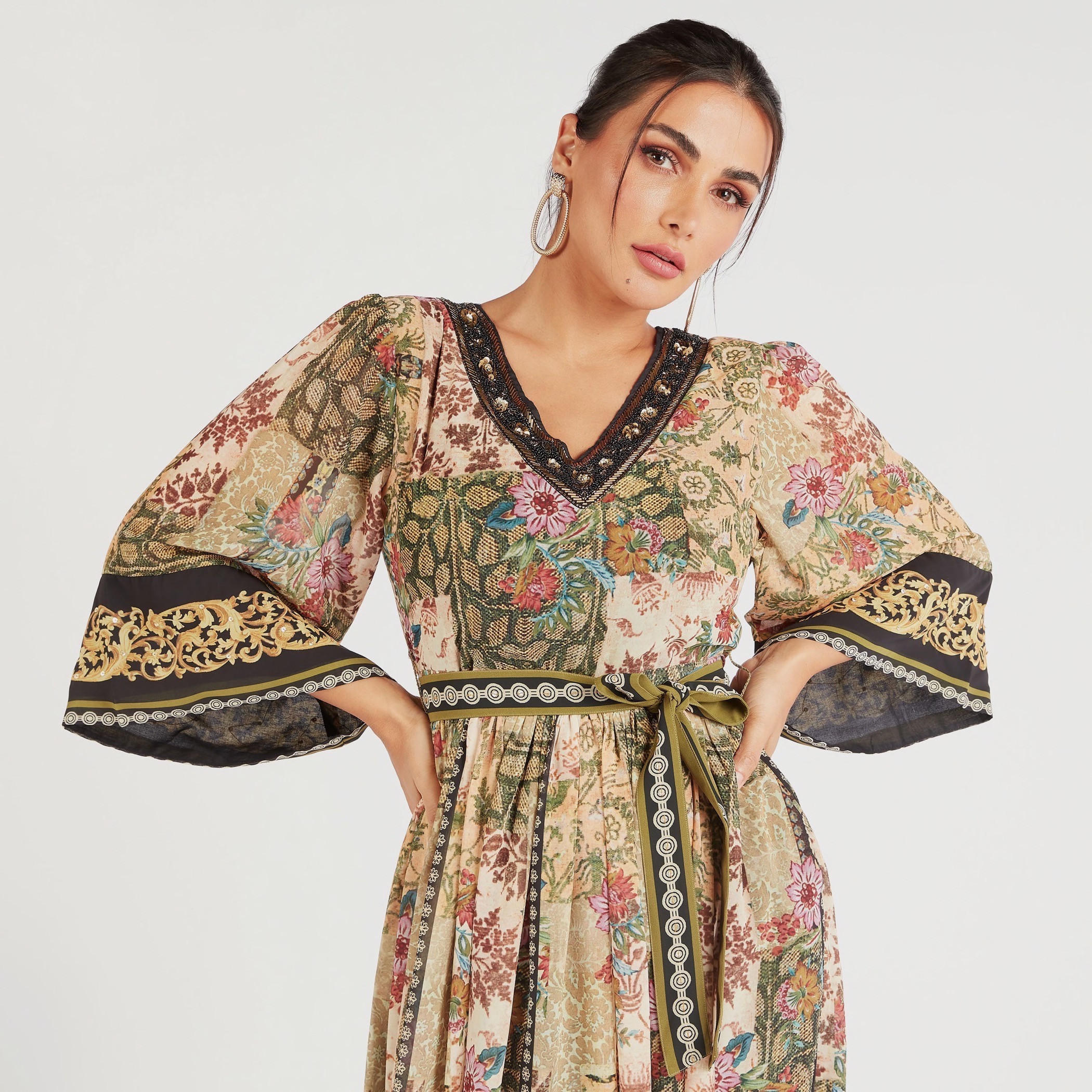 فستان إيه لاين طويل بطبعات أزهار وأربطة حزام وأكمام 3/4 من آيكونيك-women-clothing-dresses-image-6