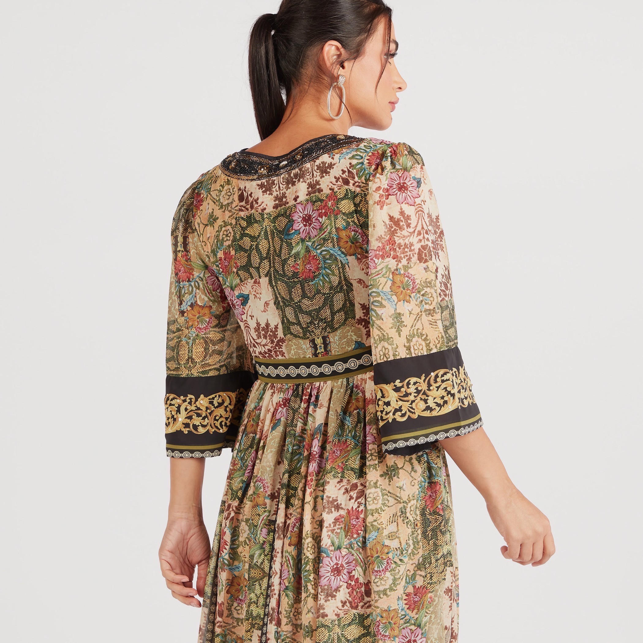فستان إيه لاين طويل بطبعات أزهار وأربطة حزام وأكمام 3/4 من آيكونيك-women-clothing-dresses-image-8